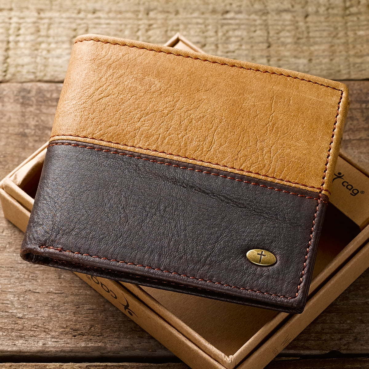 Two-tone Brown Leather Wallet with Cross Badge