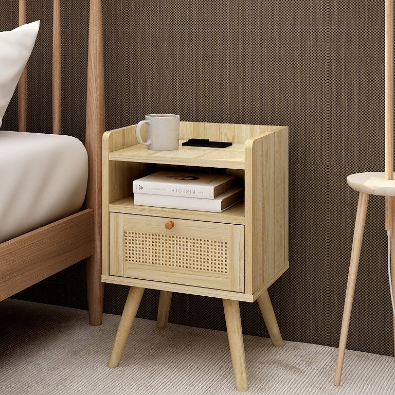 Natural Handmade Rattan Nightstand with 1 AC Outlet, 2 USB Ports, 1 Type C Port, End Table, Side Table Bedside End Accent with Solid Wood Feet