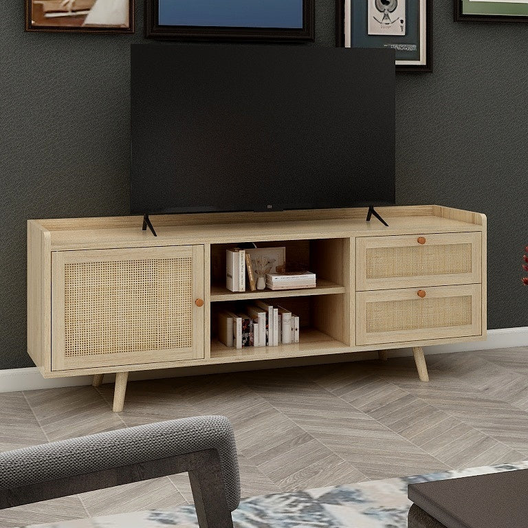 Mid Century TV Stand with Rattan-Decorated Doors, Spacious Cabinets, and Adjustable Shelf - Wood TV Console Table with Drawers - Media Stand for TV