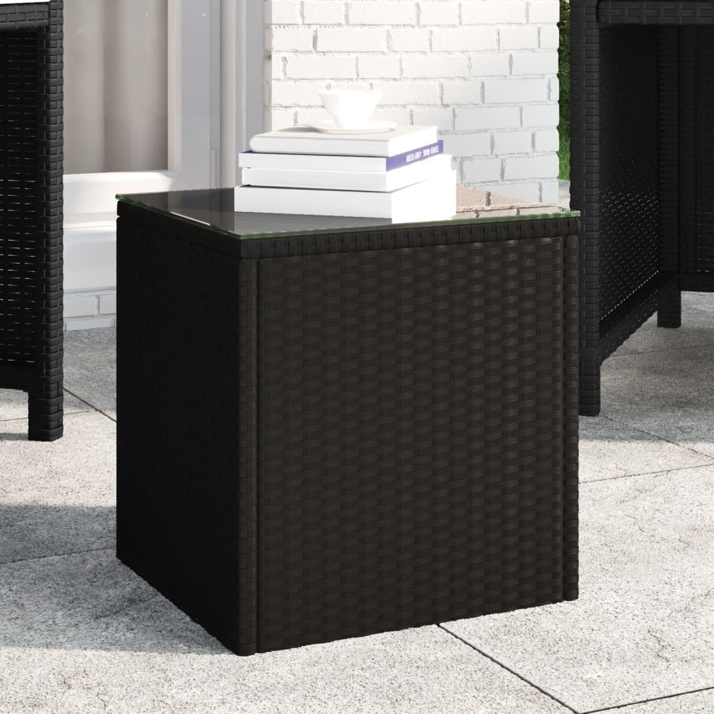 Side Table Black 15.7"x14.6"x15.9" Poly Rattan and Tempered Glass
