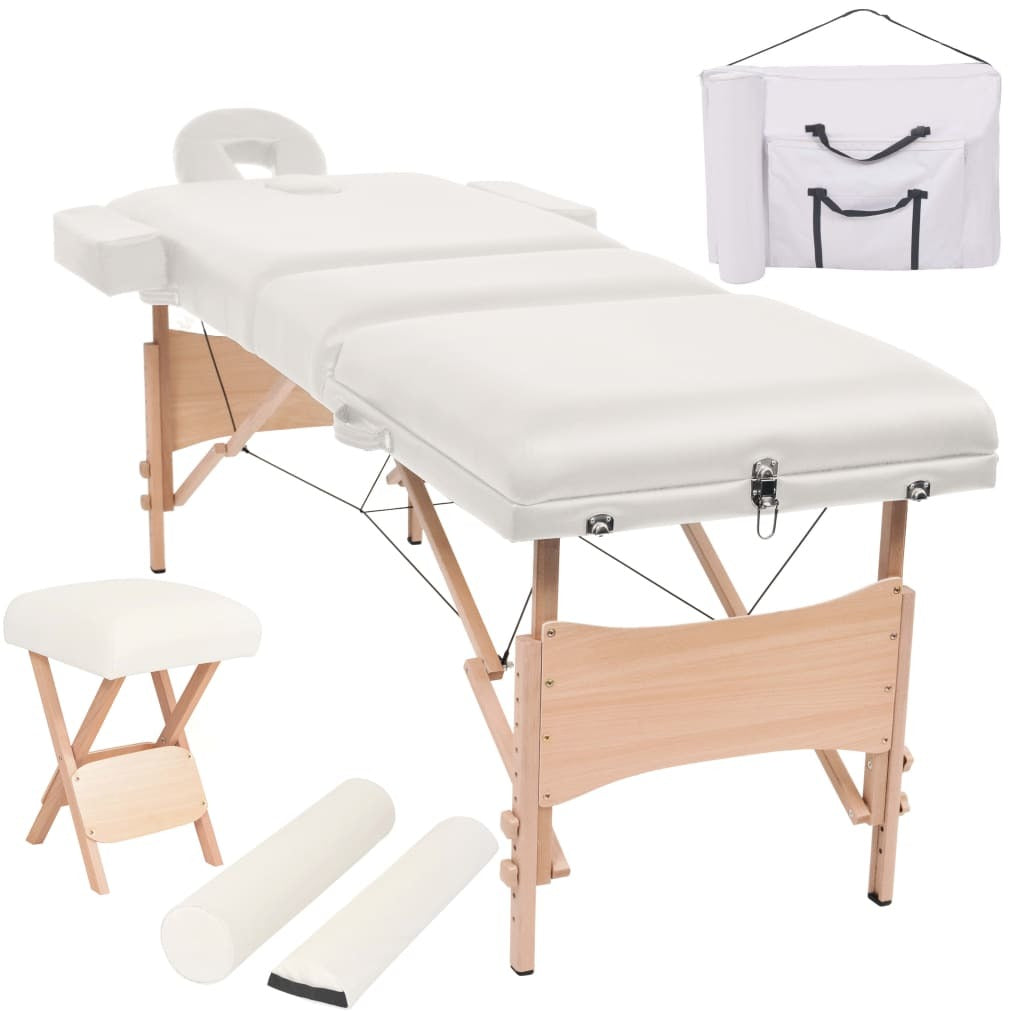 3-Zone Folding Massage Table and Stool Set 3.9" Thick White