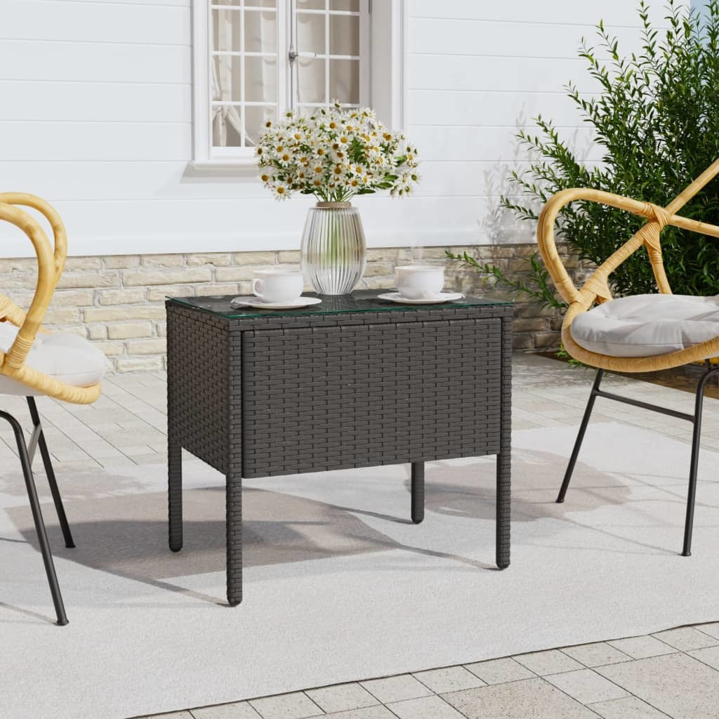 Side Table Black 20.9"x14.6"x18.9" Poly Rattan and Tempered Glass