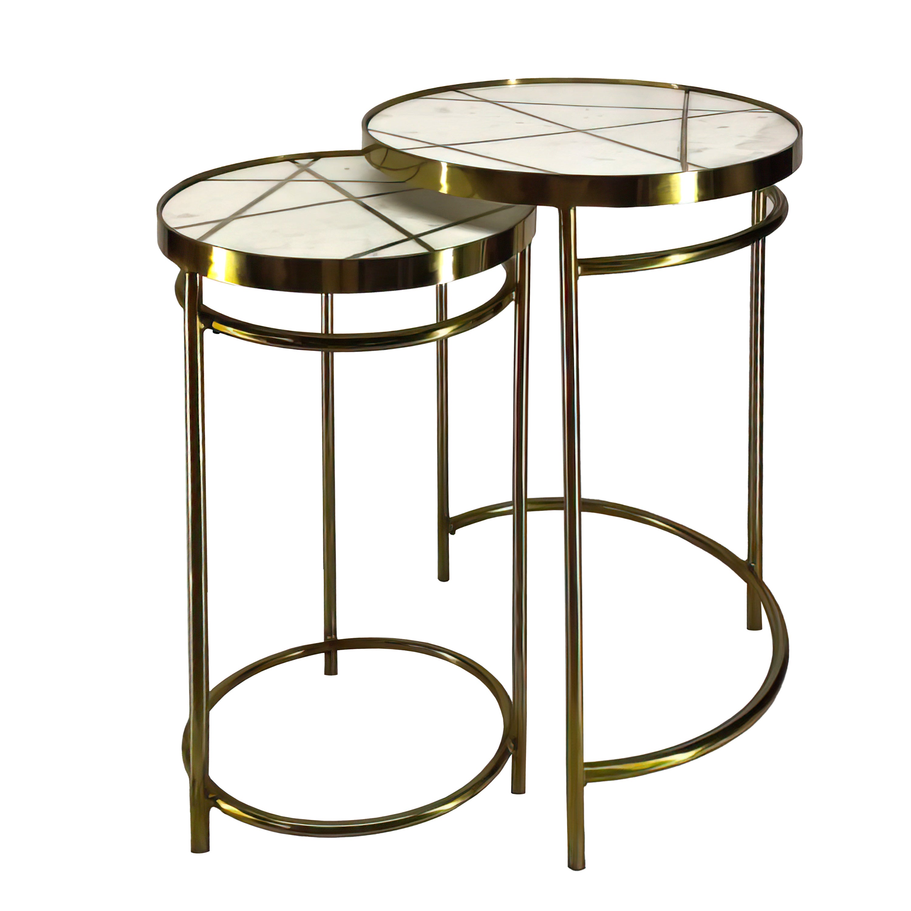 22, 20 Inch Round 2 Piece Marble Top Nesting End Table Set with Metal Frame, Brass Inlay, White