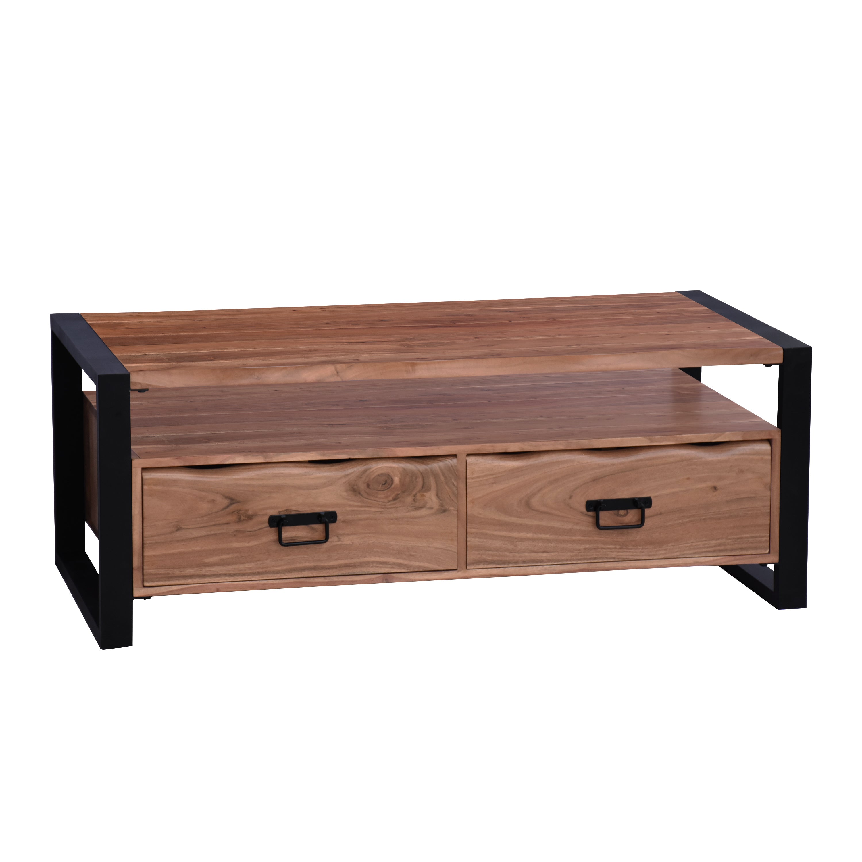 47 Inch Handcrafted Coffee Table, Live Edge Detailing, 2 Drawers, Open Center Compartment, Black Iron Frame, Brown Acacia Wood