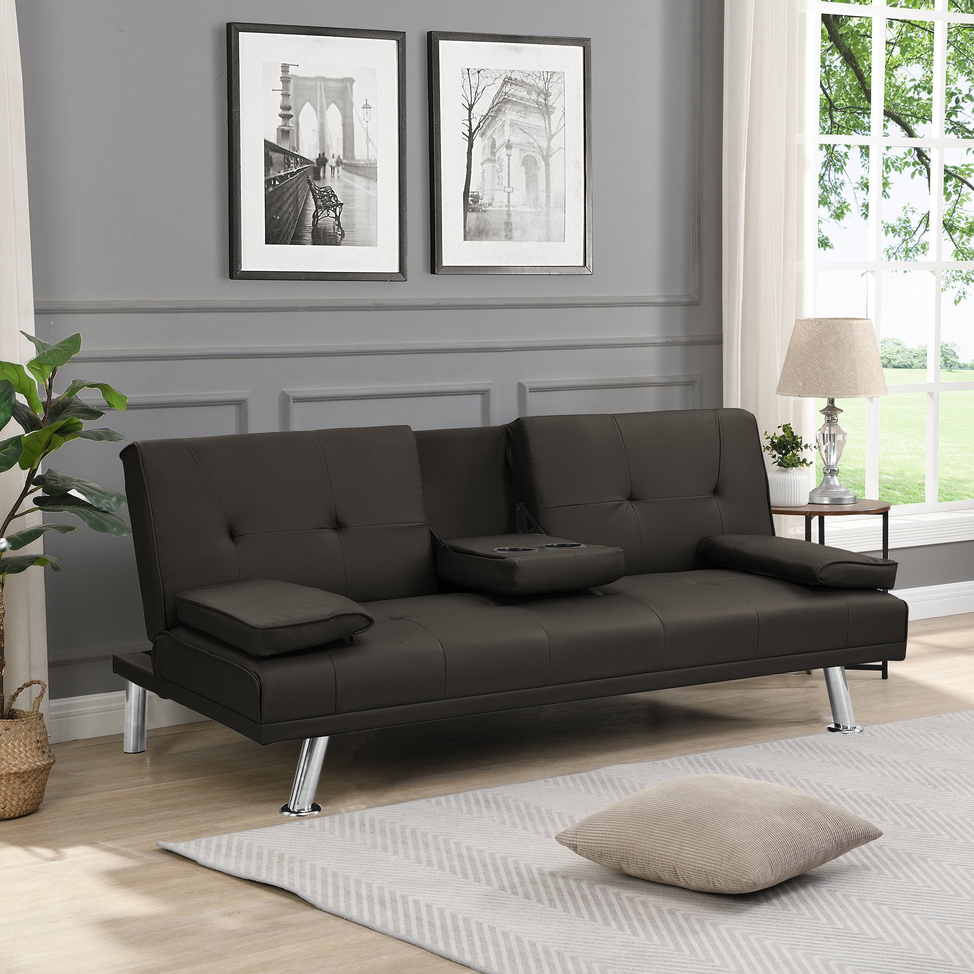 Sofa Bed with Armrest two holders WOOD FRAME, STAINLESS LEG, FUTON BROWN PVC,DARK BROWN