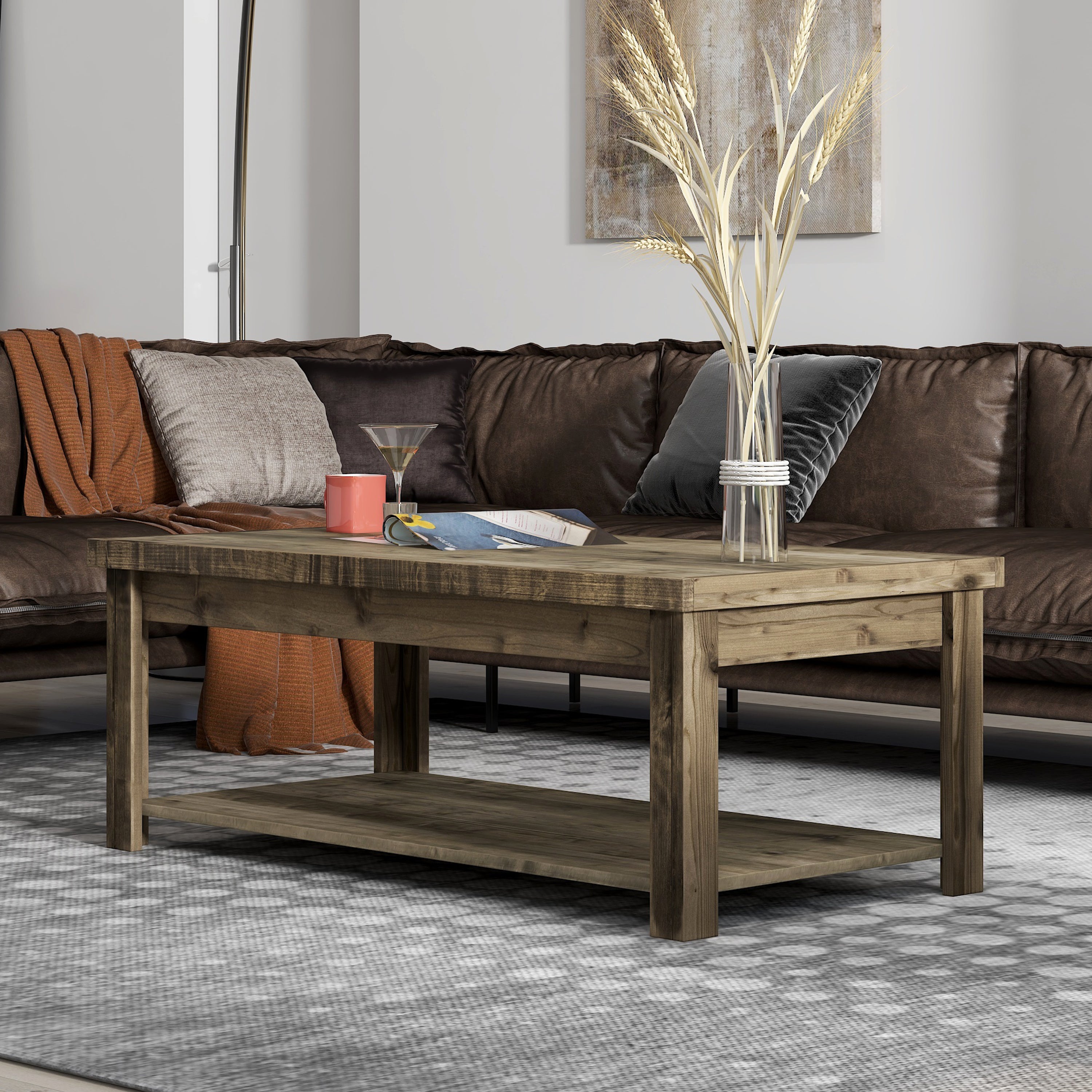 Bridgevine Home Joshua Creek 48 inch Coffee Table, No Assembly Required, Barnwood Finish