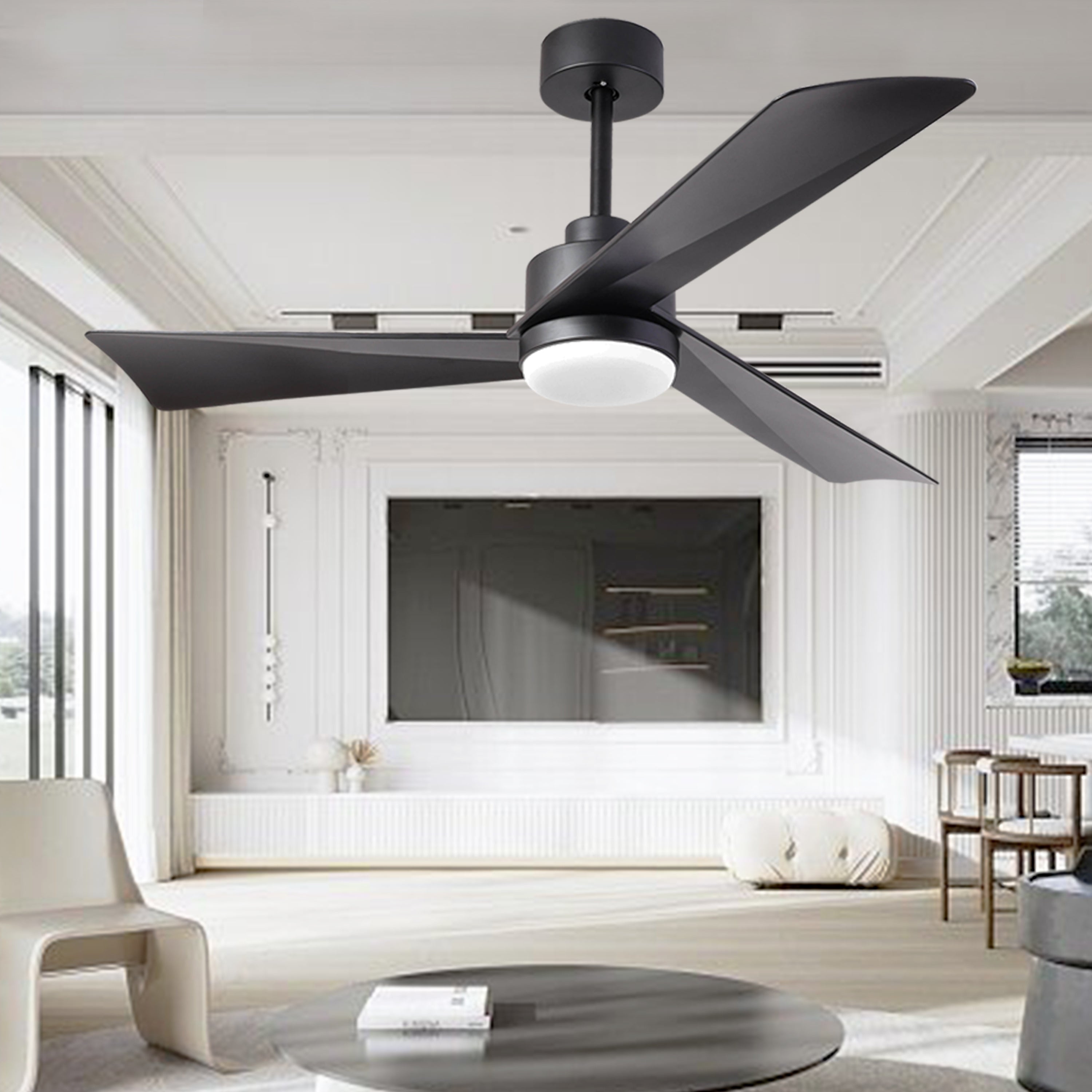 52 inch Ceiling Fan with Light, Modern Dimmable Ceiling Fan with 3 Reversible Blades, Remote Controls, for Indoor/Outdoor Patio Living Room Bedroom, Black