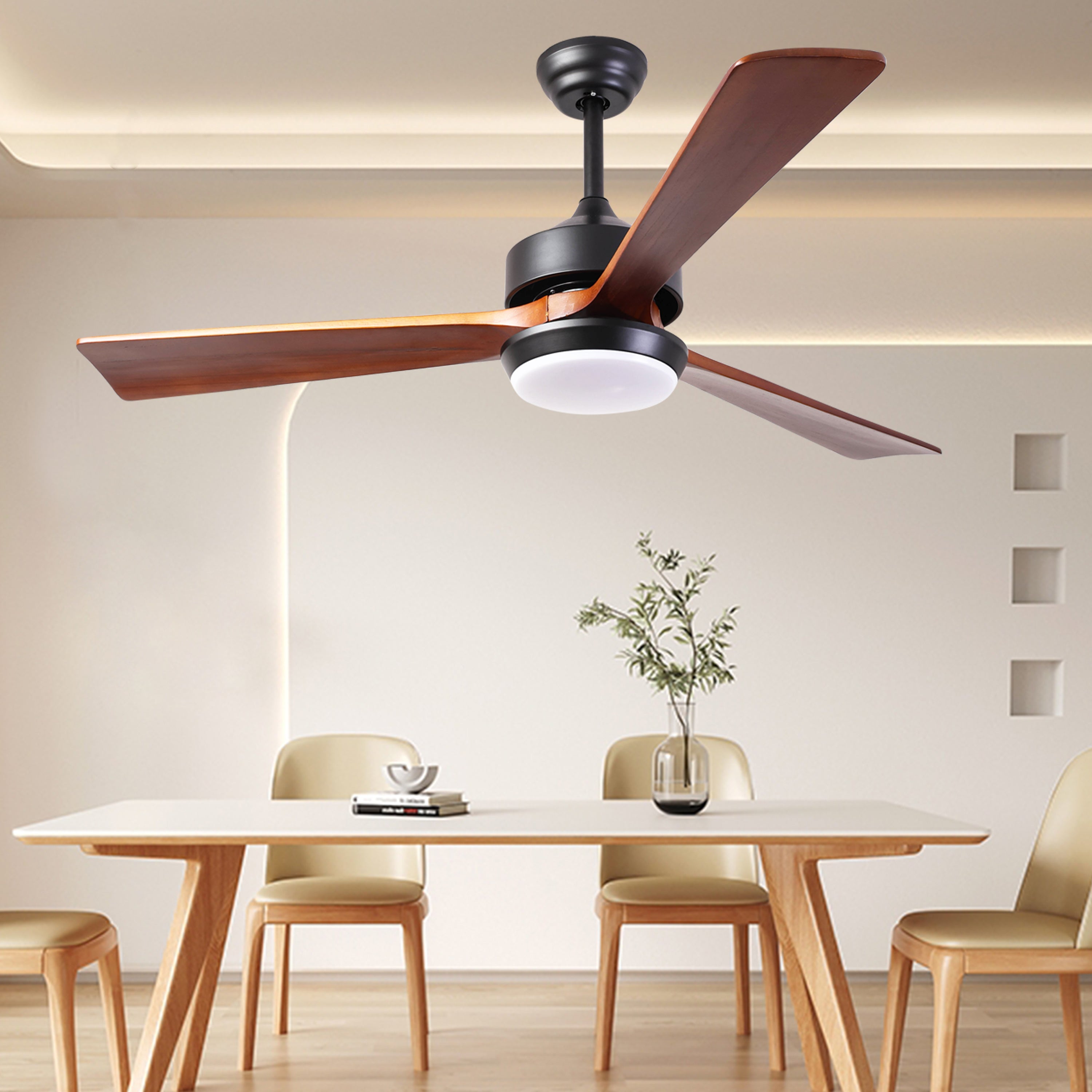 52" Ceiling Fans with Light, Wood Ceiling Fans with 3 Blade and Down Rod, Remote Control, 6 Speed DC Motor, Indoor Outdoor Ceiling Fan for Patio, Living Room, Bedroom, Office.