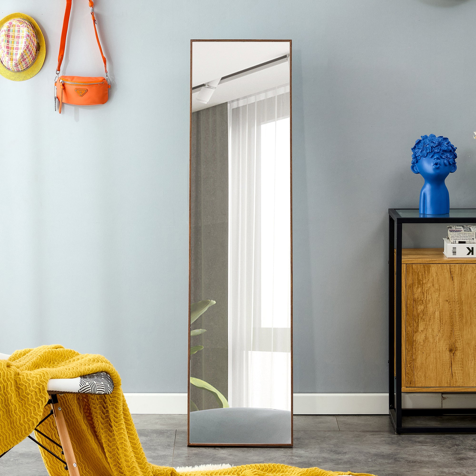 3rd generation packaging upgrade brown solid wood frame full length mirror, dressing mirror, bedroom porch, decorative mirror, clothing store, floor standing large mirror. 58 "* 15" W115155945