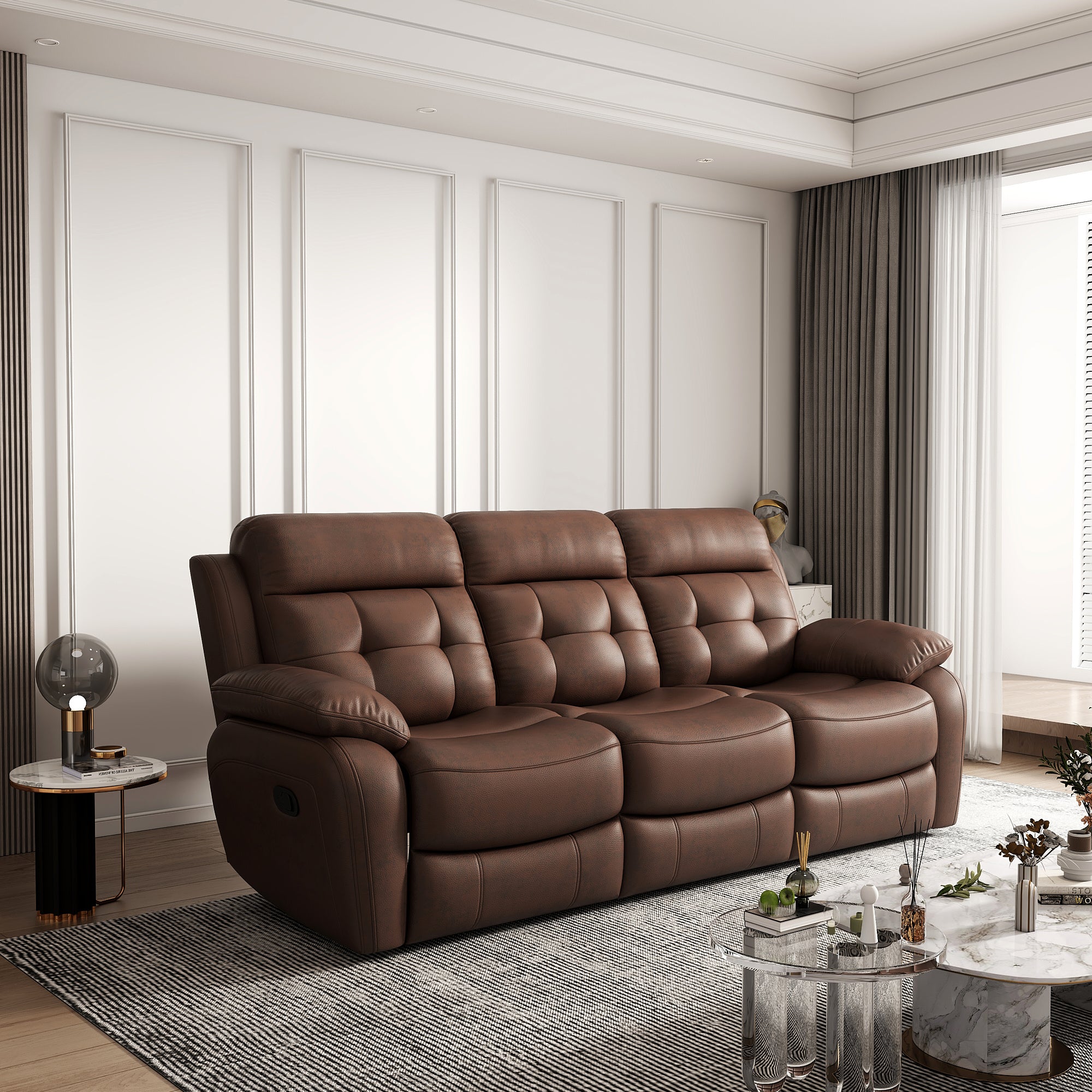 Genuine Leather Non-Power Reclining Sofa with Drop Down Table,Stainless Steel Cupholders and Magazine bag- Brown