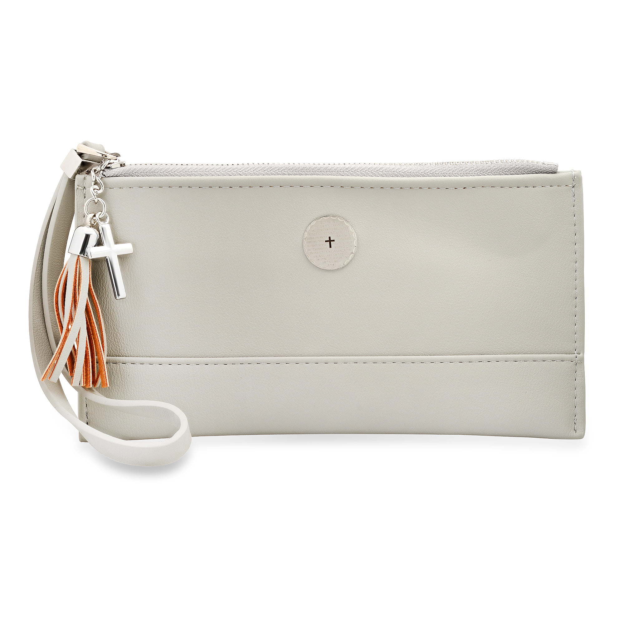 Ladies Cream Lord's Prayer Wristlet with Stainless Steel Cross Charm & Leather Tassel