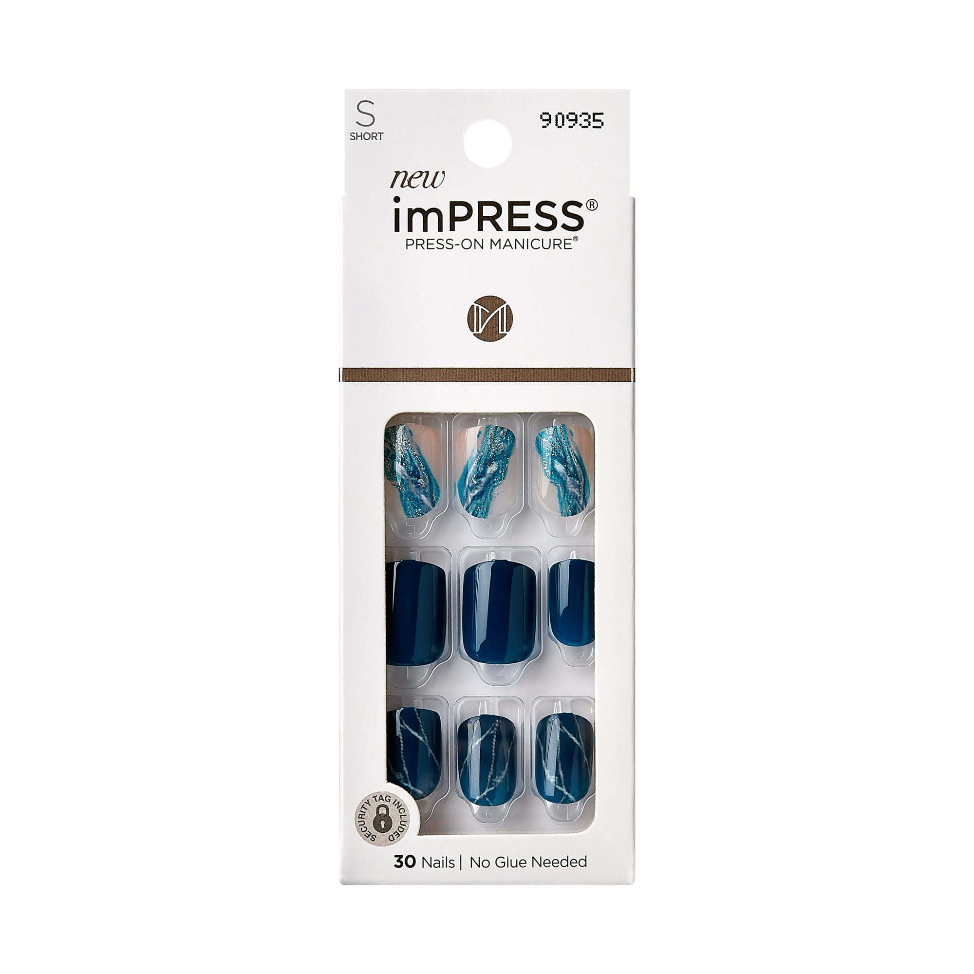 KISS imPRESS 'Let it Flow' Press-On Nails, Blue & White, Short Length, Square Shape, 33 Ct.