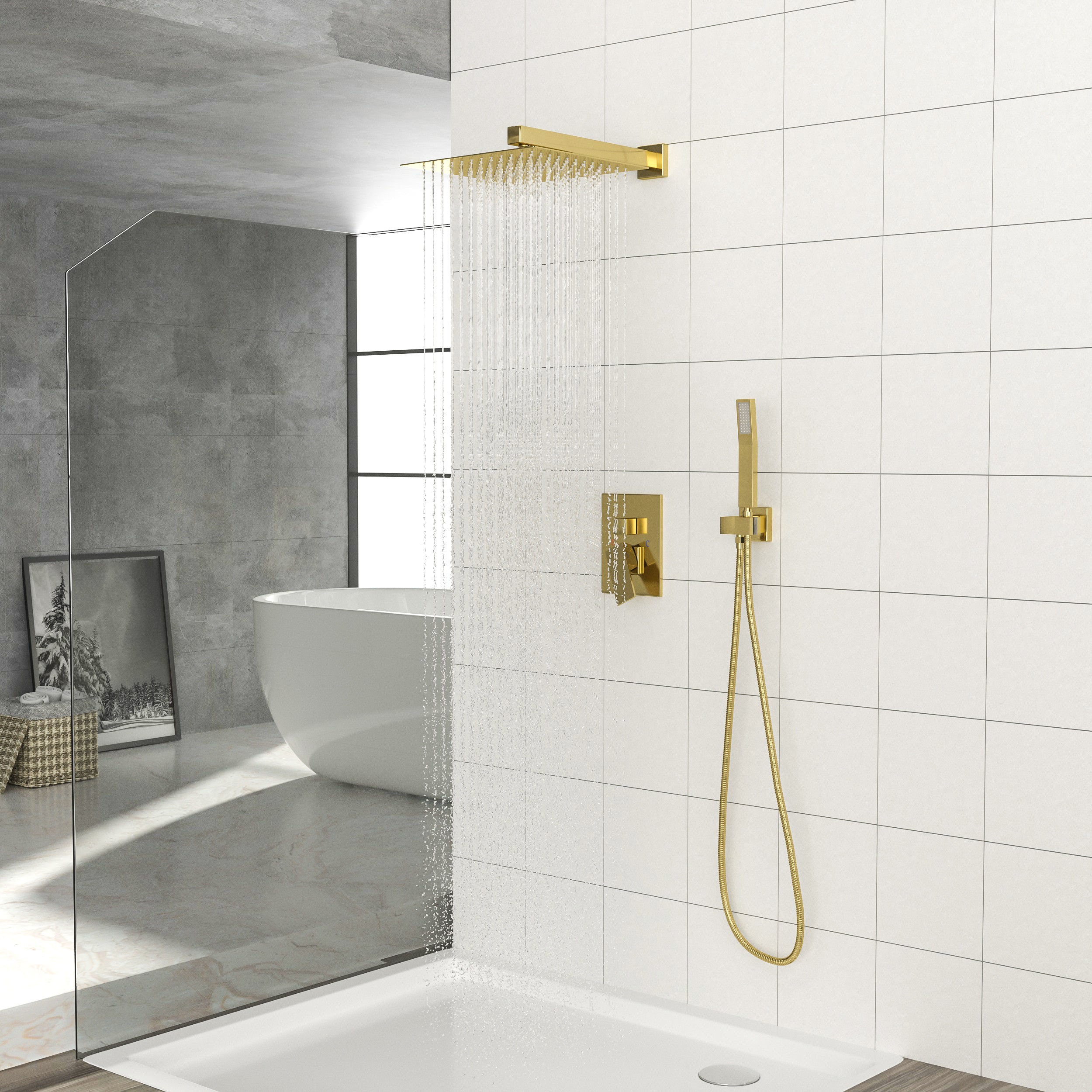 Dual Shower Head - 12 Inch Wall Mounted Square Shower System with Rough-in Valve,Gold