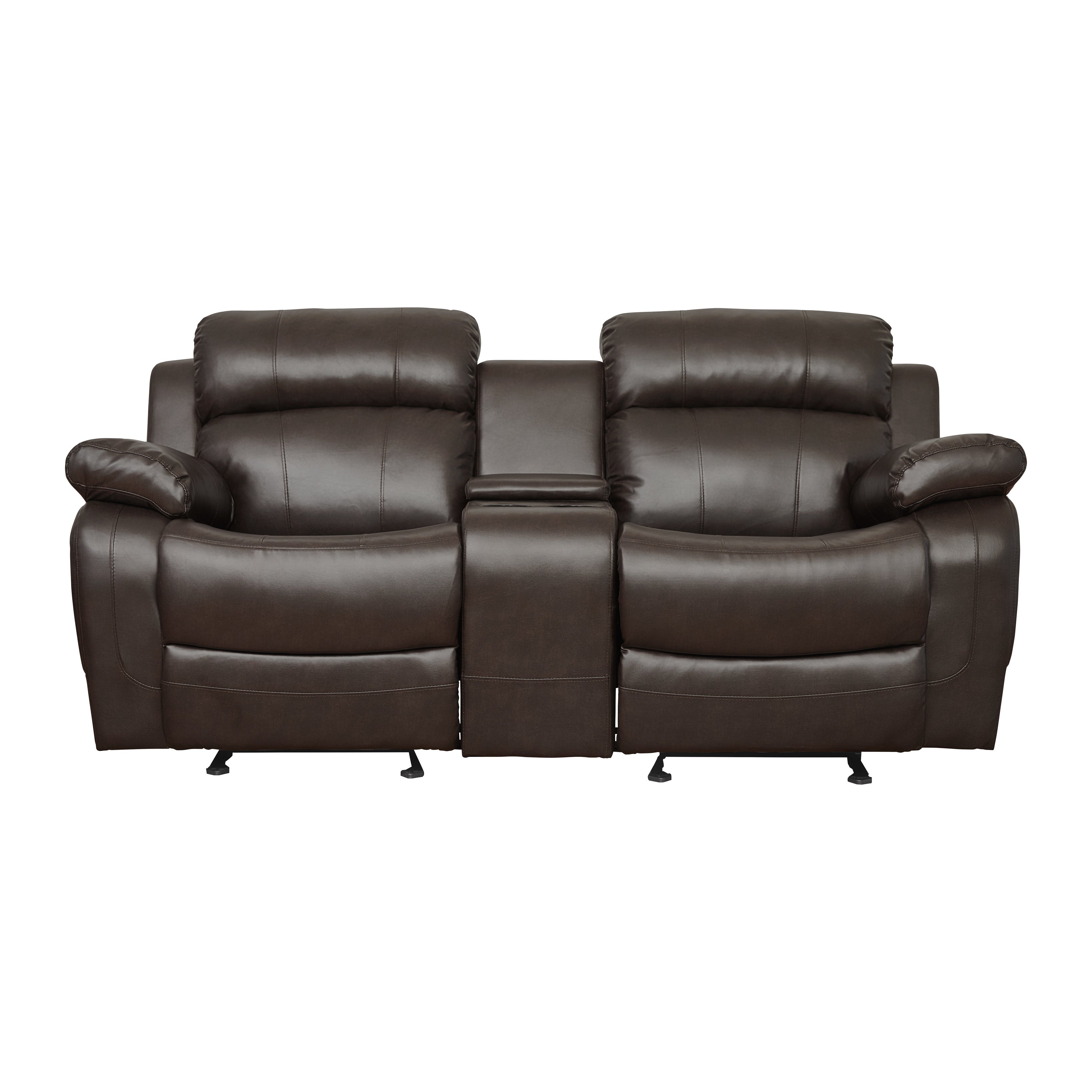 Double Glider Reclining Love Seat with Center Console Brown Faux Leather Upholstered Contemporary Living Room Furniture