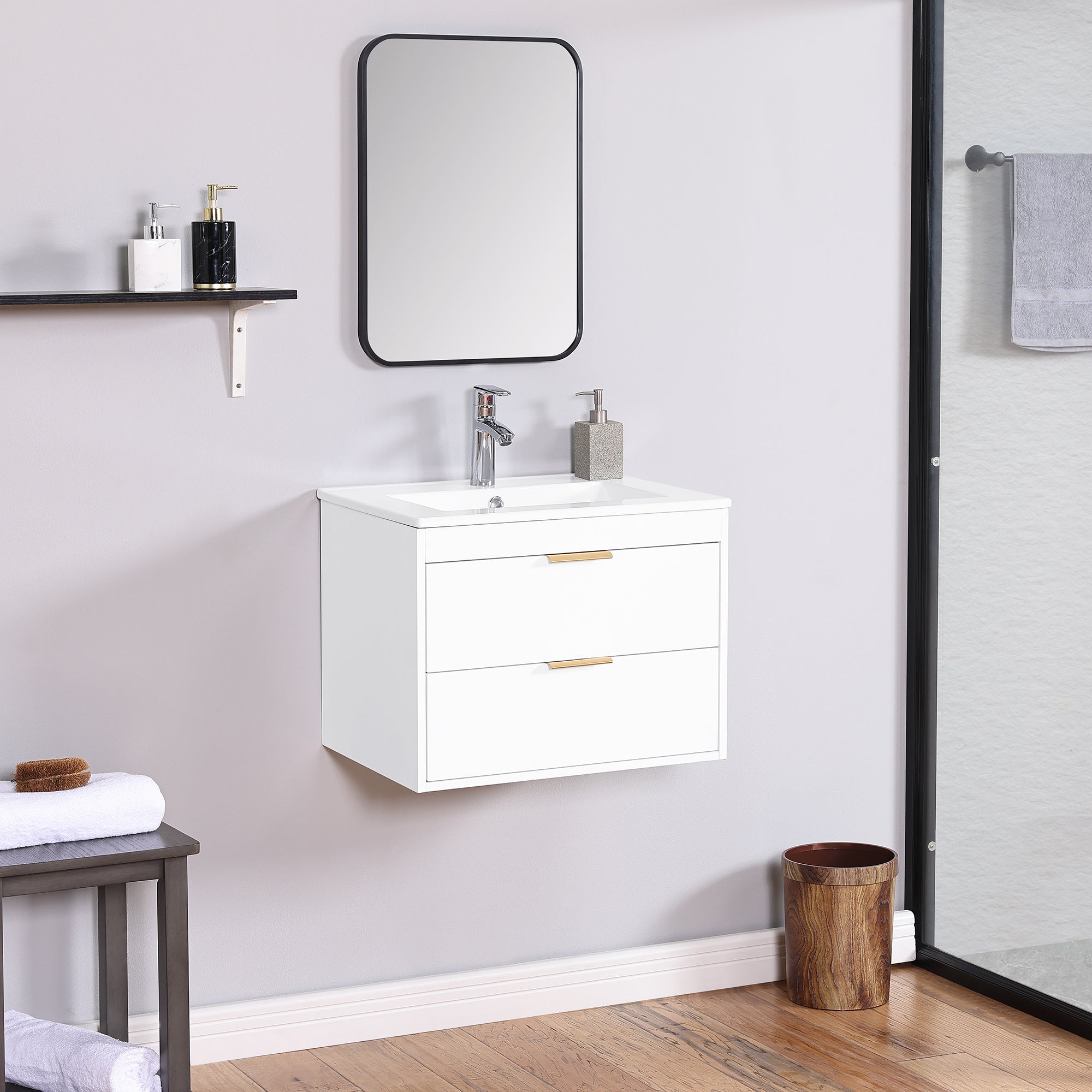 24" floating wall mounted bathroom vanity with white ceramic sink and drawer storage