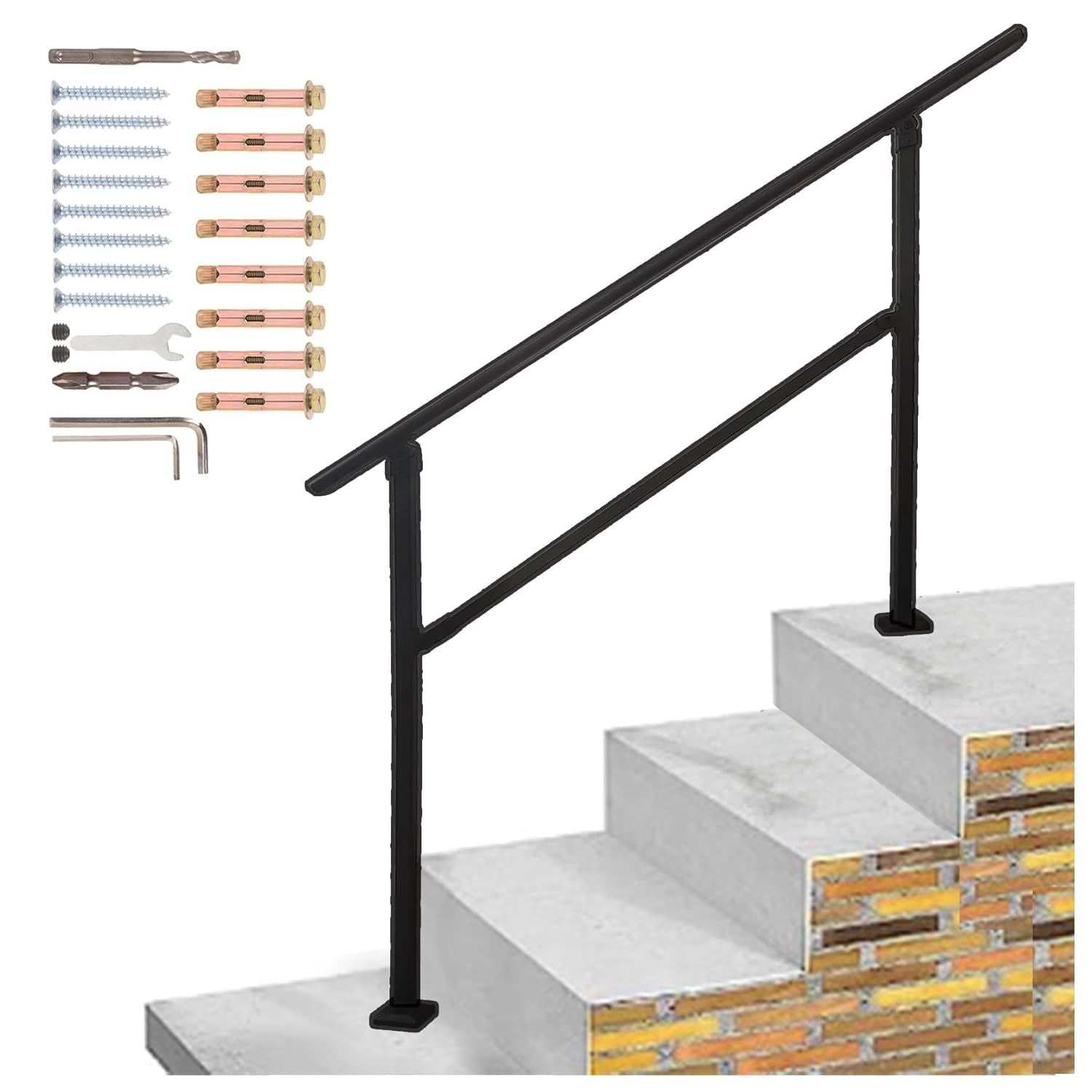 Outdoor Stair Railing,Black Exterior Handrail Adjustable from 0 to 60 Degrees Black Cast Iron Handrails for Outdoor Ramps Anti-Static Spray Paint for Concrete, Porch Steps