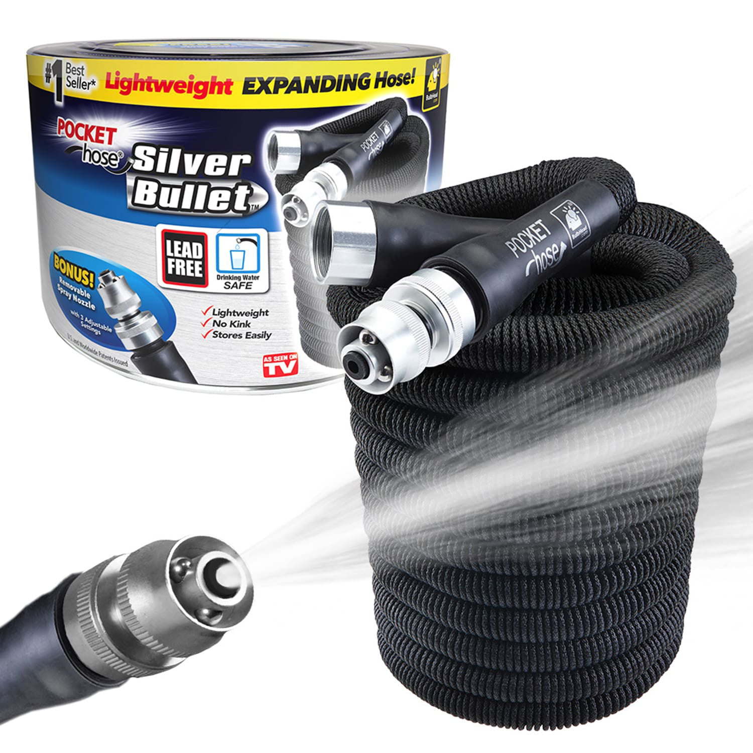 Pocket Hose Original Silver Bullet Water Hose by BulbHead Expandable Garden Hose That Grows with Lead-Free Aluminum Connectors  Safe Drinking Water Hose (100 Feet)