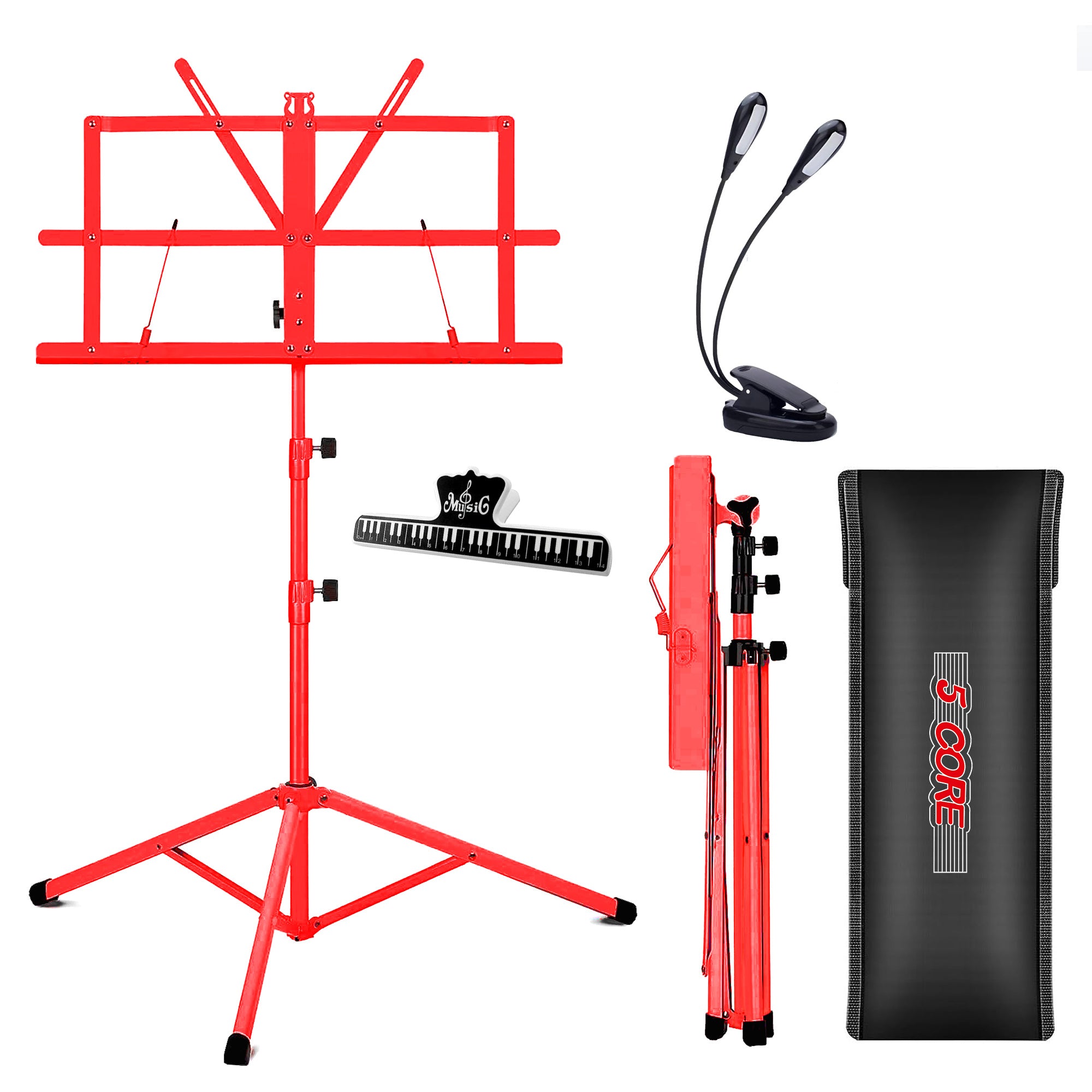 5 Core Music Stand, 2 in 1 Dual-Use Adjustable Folding Sheet Stand Red/Metal Build Portable Sheet Holder/Carrying Bag, Music Clip and Stand Light Incl