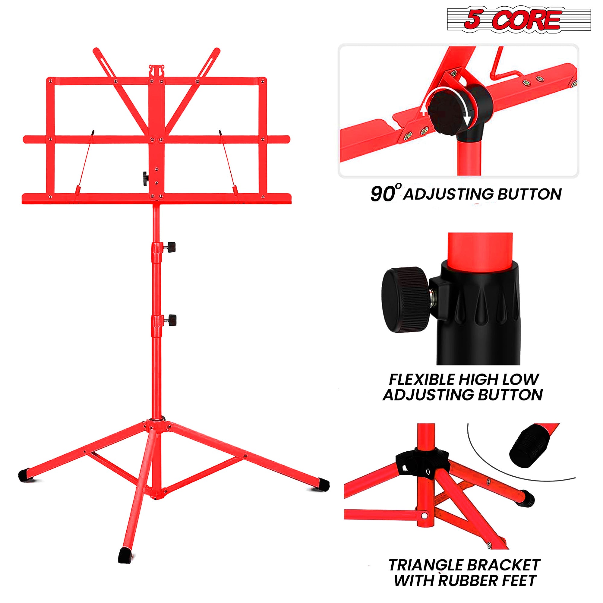 5 Core Music Stand, 2 in 1 Dual-Use Adjustable Folding Sheet Stand Red/Metal Build Portable Sheet Holder/Carrying Bag, Music Clip and Stand Light Incl