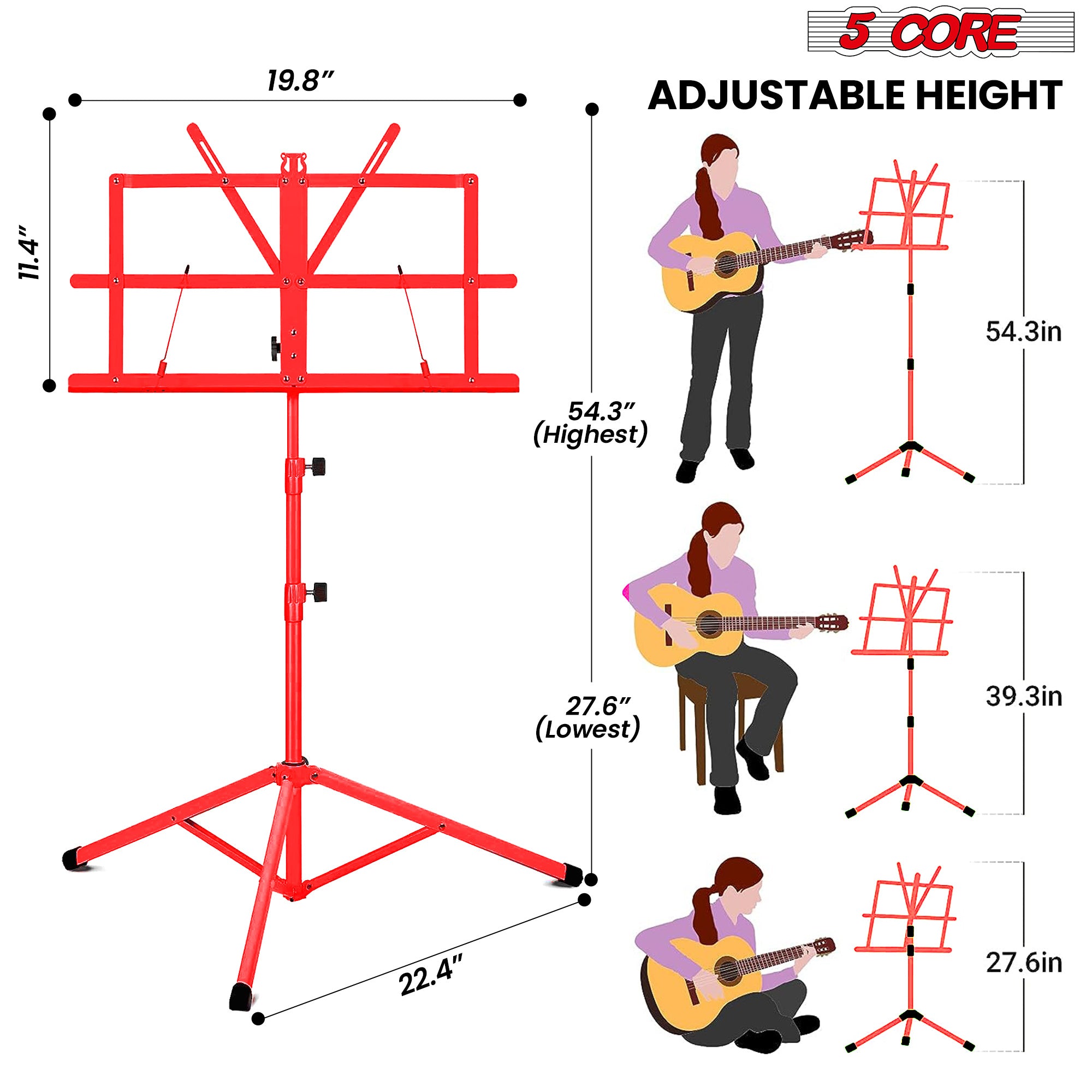 5 Core Music Stand, 2 in 1 Dual-Use Adjustable Folding Sheet Stand Red/Metal Build Portable Sheet Holder/Carrying Bag, Music Clip and Stand Light Incl