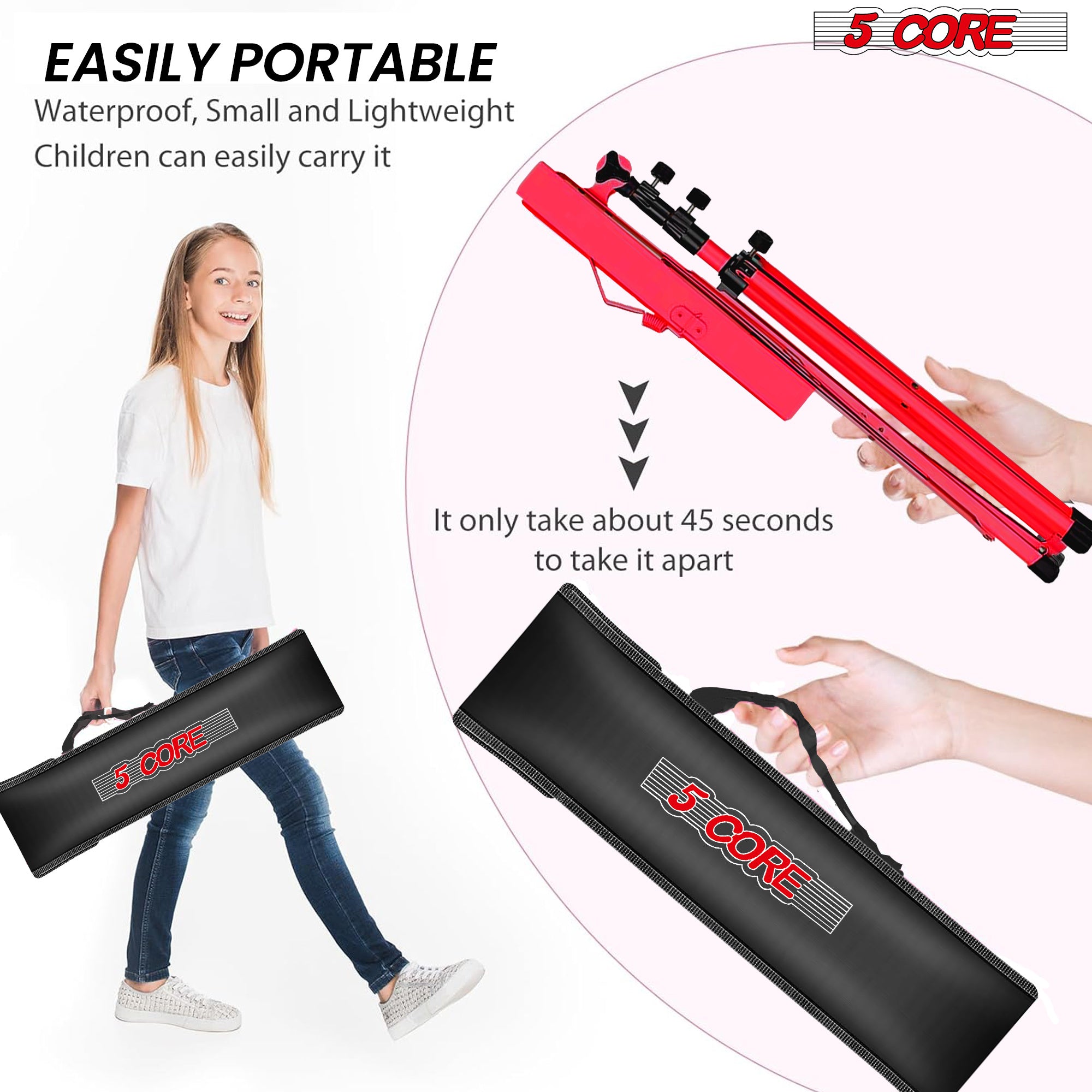 5 Core Music Stand, 2 in 1 Dual-Use Adjustable Folding Sheet Stand Red/Metal Build Portable Sheet Holder/Carrying Bag, Music Clip and Stand Light Incl