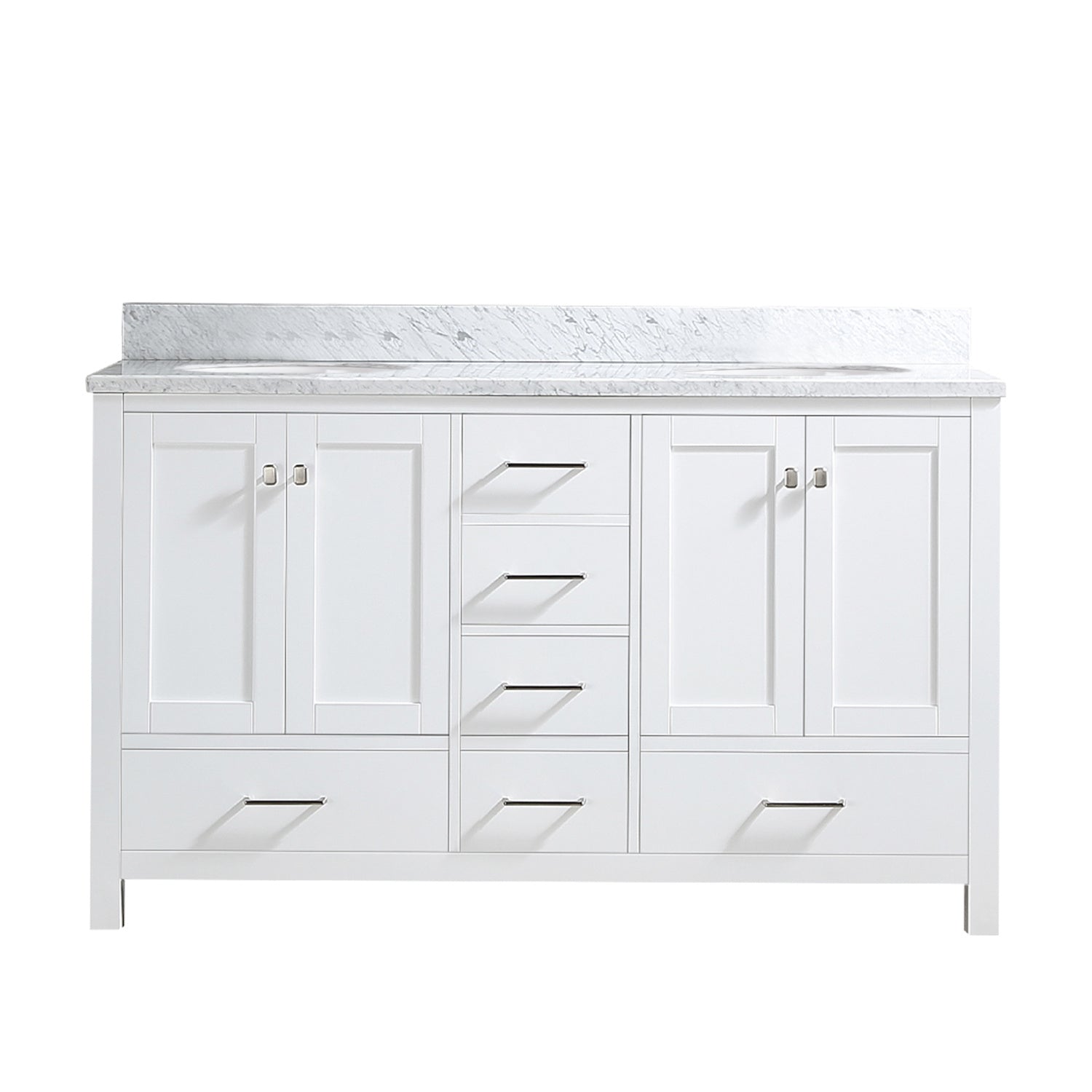 60" Double Bathroom Vanity Cabinet with Carrera Marble Top in White with Ceramic Sink and Back Splash