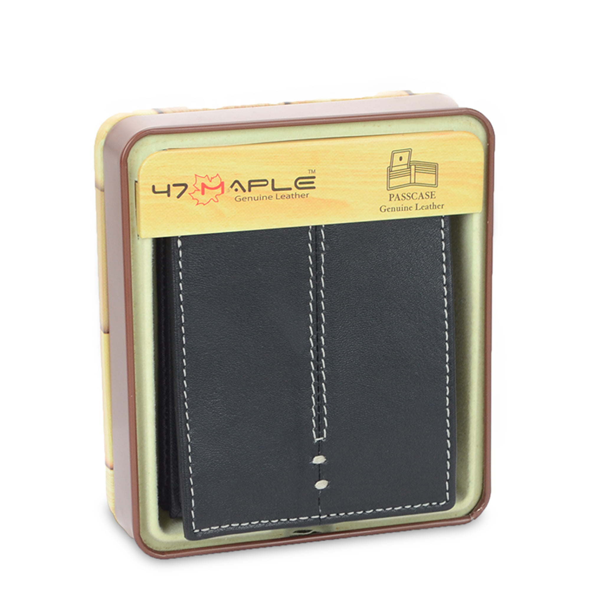 47 Maple Men's Center Stitch Design Genine Black Leather RFID Fixed Passcase Wallet in Tin Box