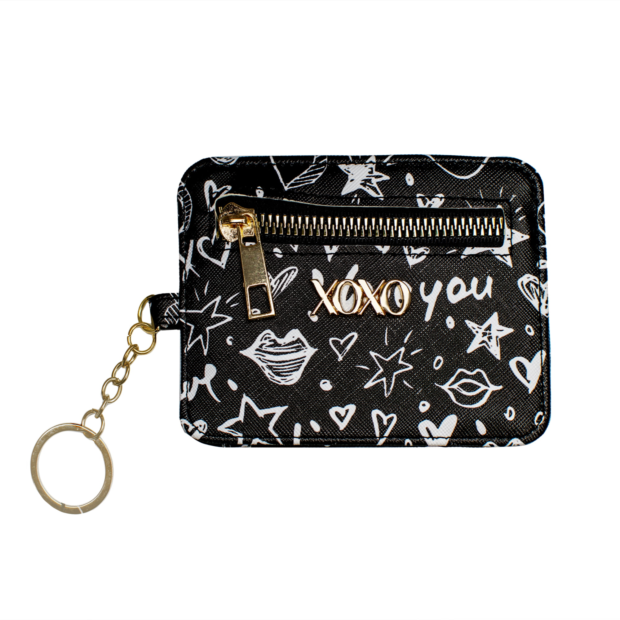 XOXO Women's Mini Black Graffeti Print Saffiano Leather Key Card ID Coin Case Wallet