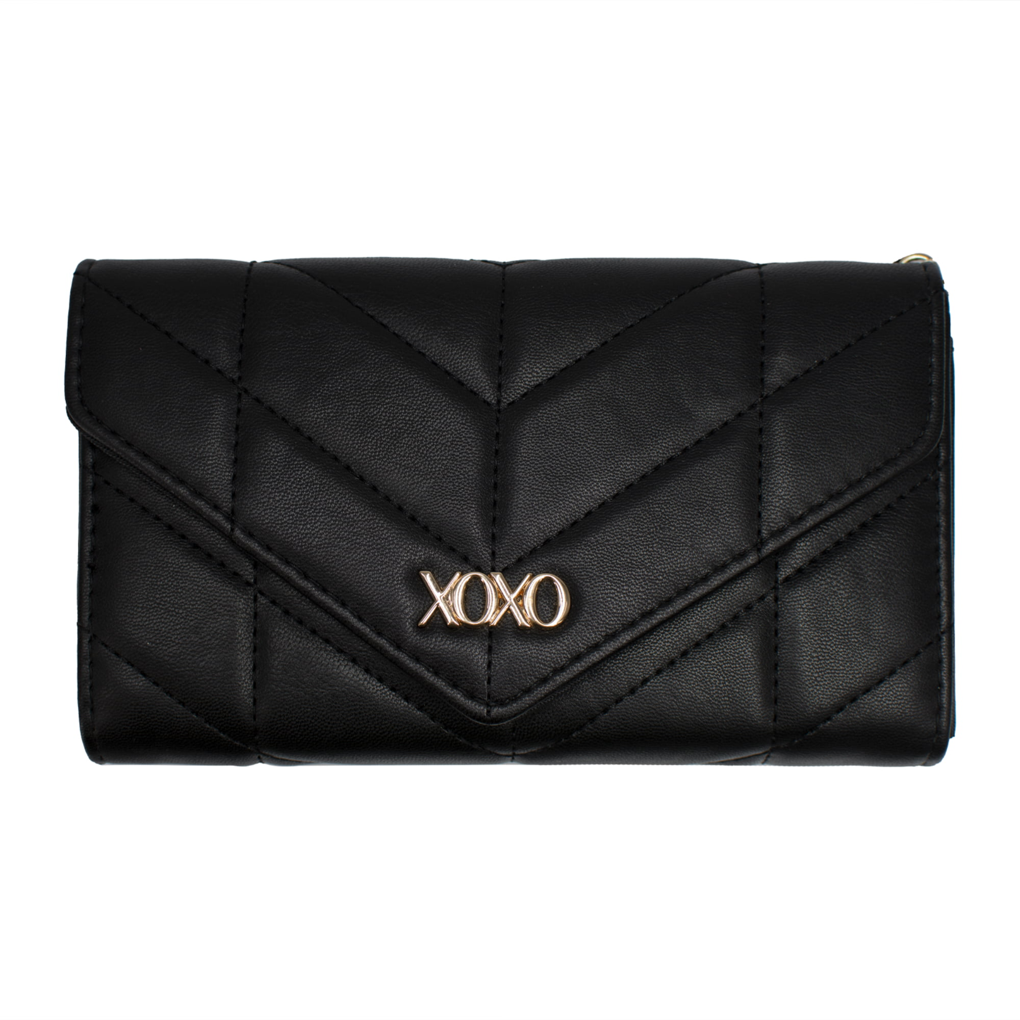 XOXO Women's Small Black Vegan Leather Quilted Fold Wallet withCrossbody Strap