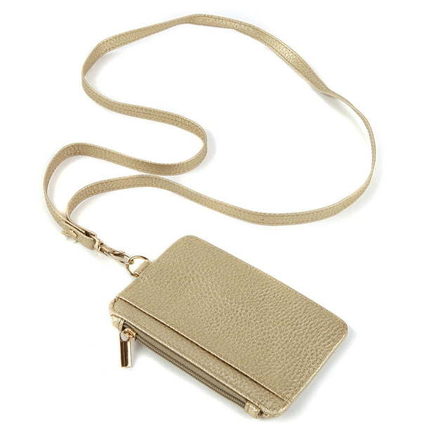 ESSENTIALS Brand Women's Adult Vegan Leather Gold Lanyard with Gold Zipper Wallet