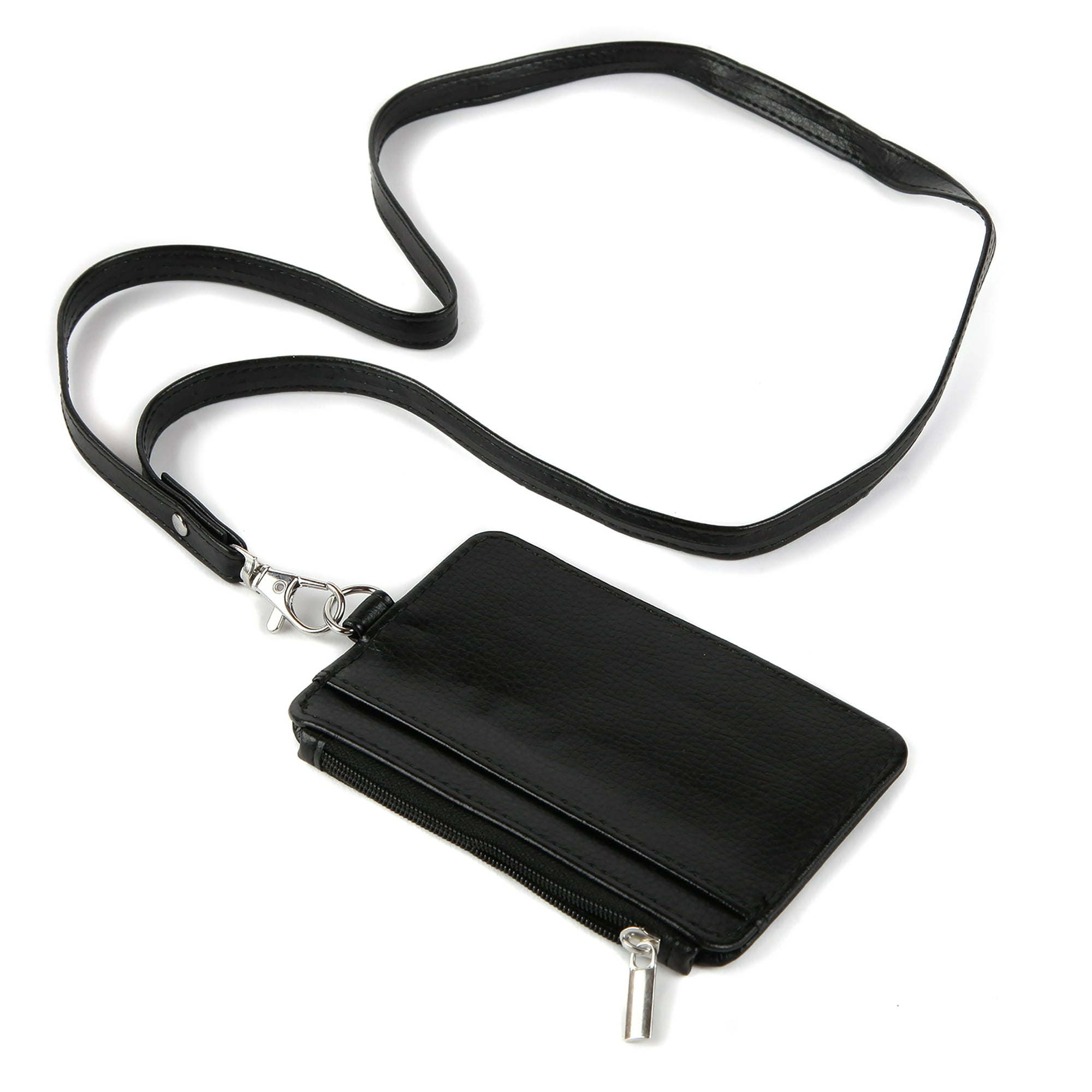 ESSENTIALS Brand Women's Adult Black Vegan Leather Lanyard with Zipper Wallet