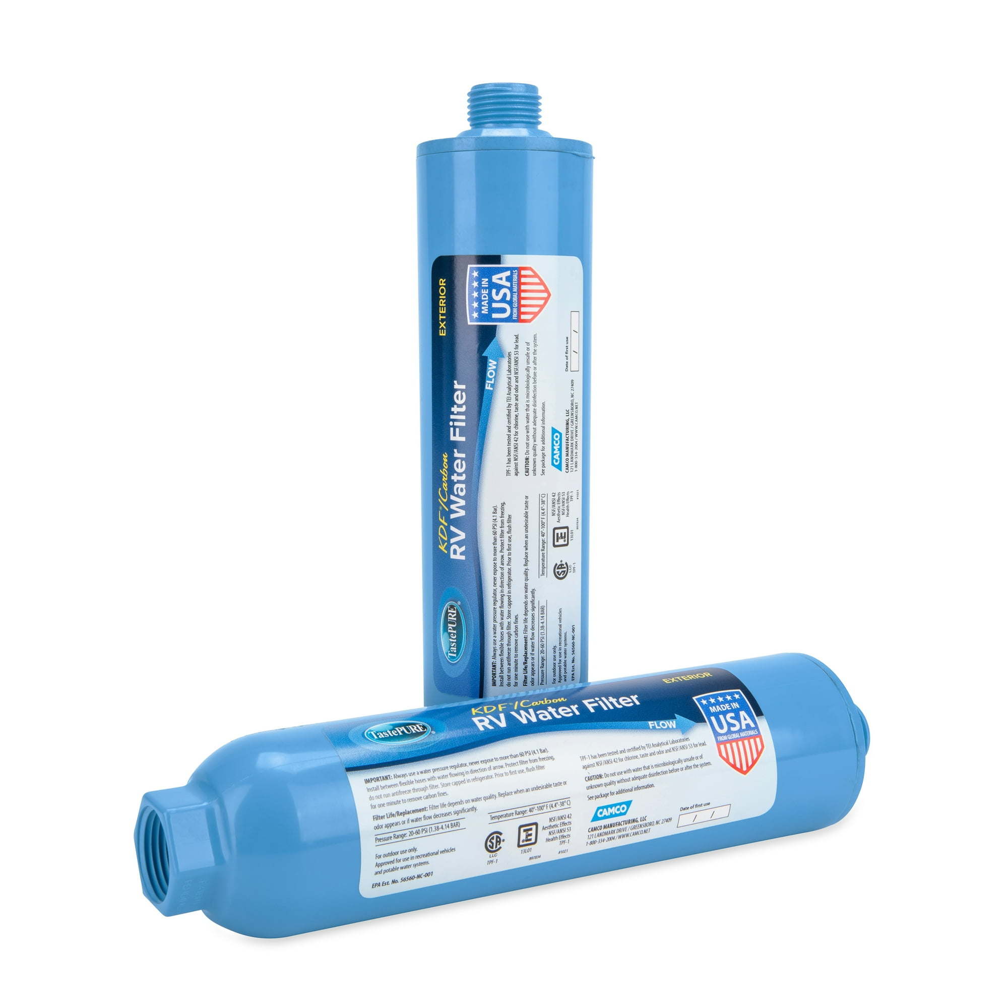 Camco TastePURE Camper/RV Water Filter | Inline Water Filter Reduces Bad Taste, Odor, Chlorine & Sediment | Ideal for RVs, Campers, Travel Trailers, Boats | 2-Pack (40045)