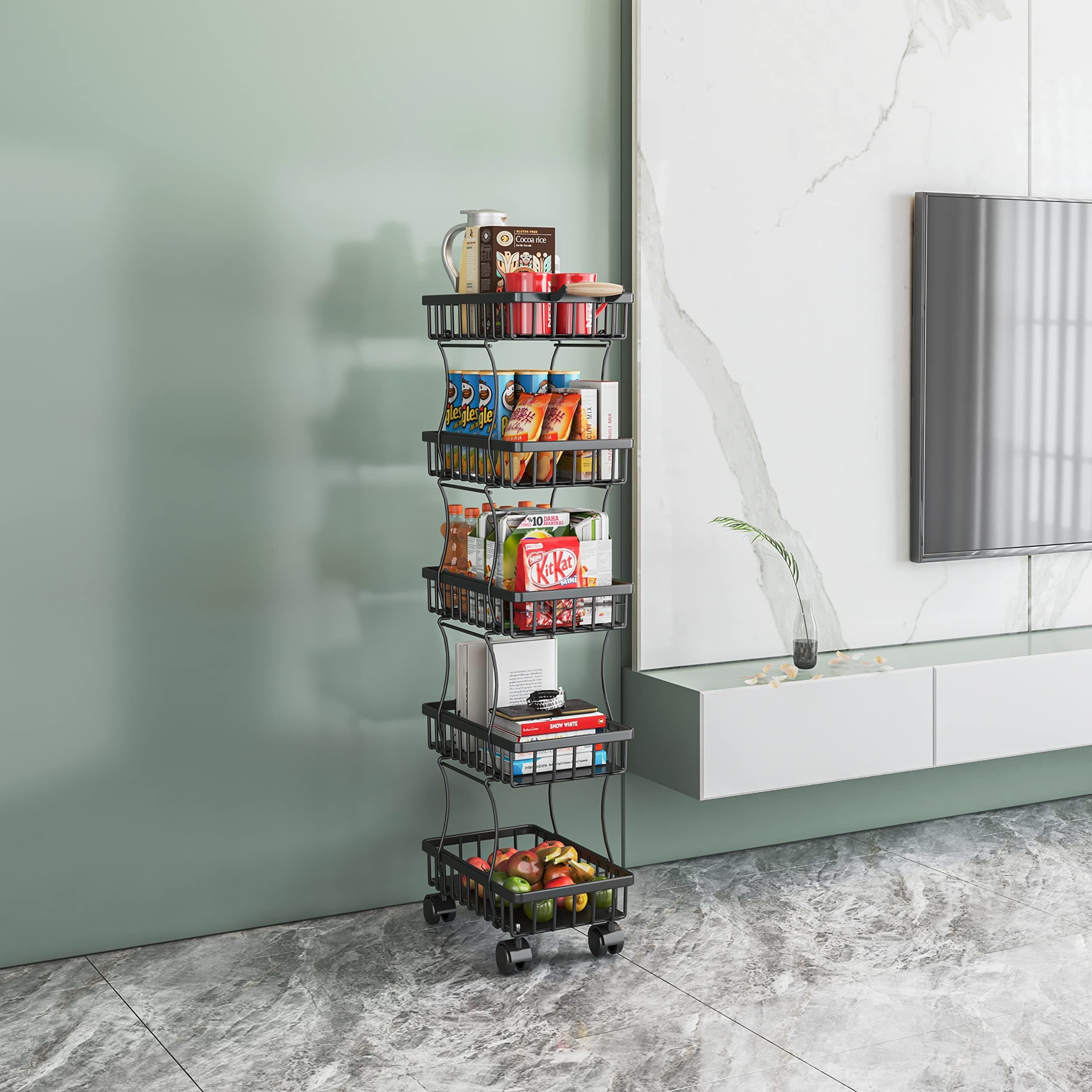 5 Tier Fruit Vegetable Basket for Kitchen, Fruit Vegetable Storage Cart, Vegetable Basket Bins, Wire Storage Basket Organizer Utility Cart with Wheels, Medium, Black