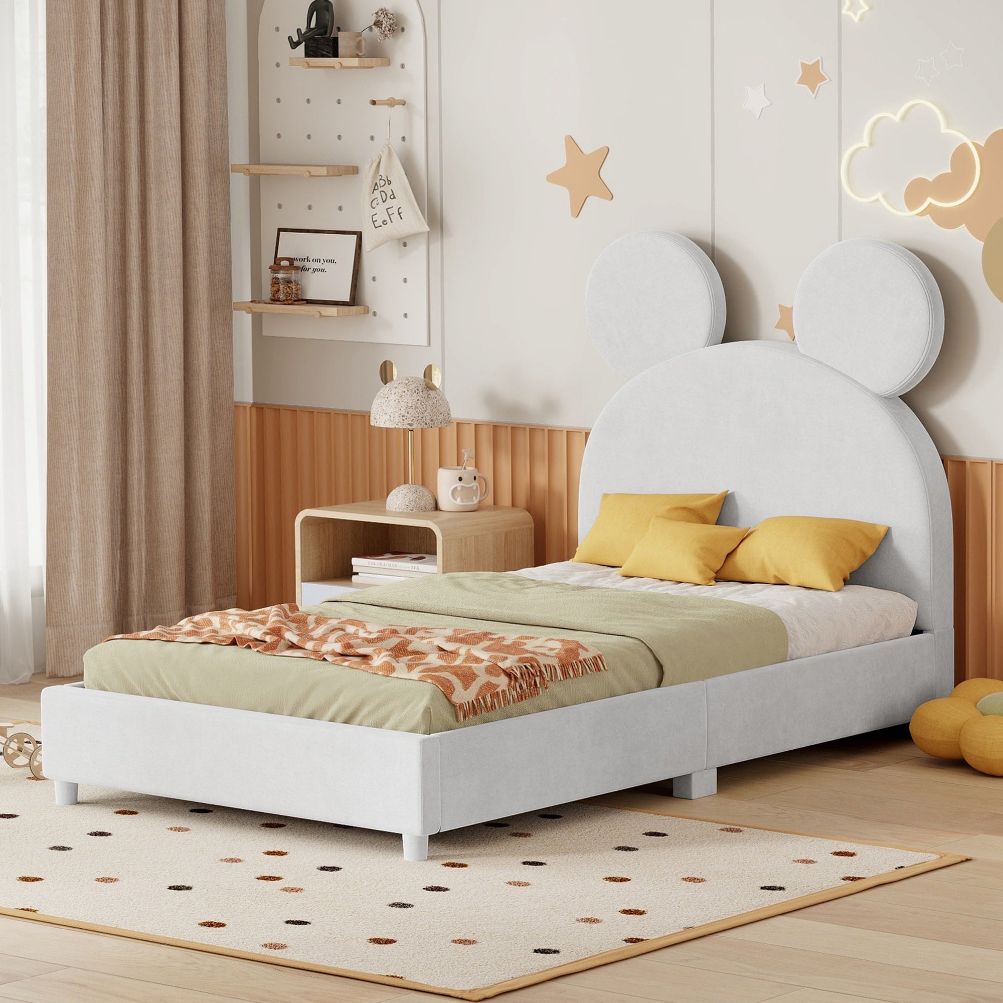 Twin Size Upholstered Platform Bed with Bear Ear Shaped Headboard, Beige