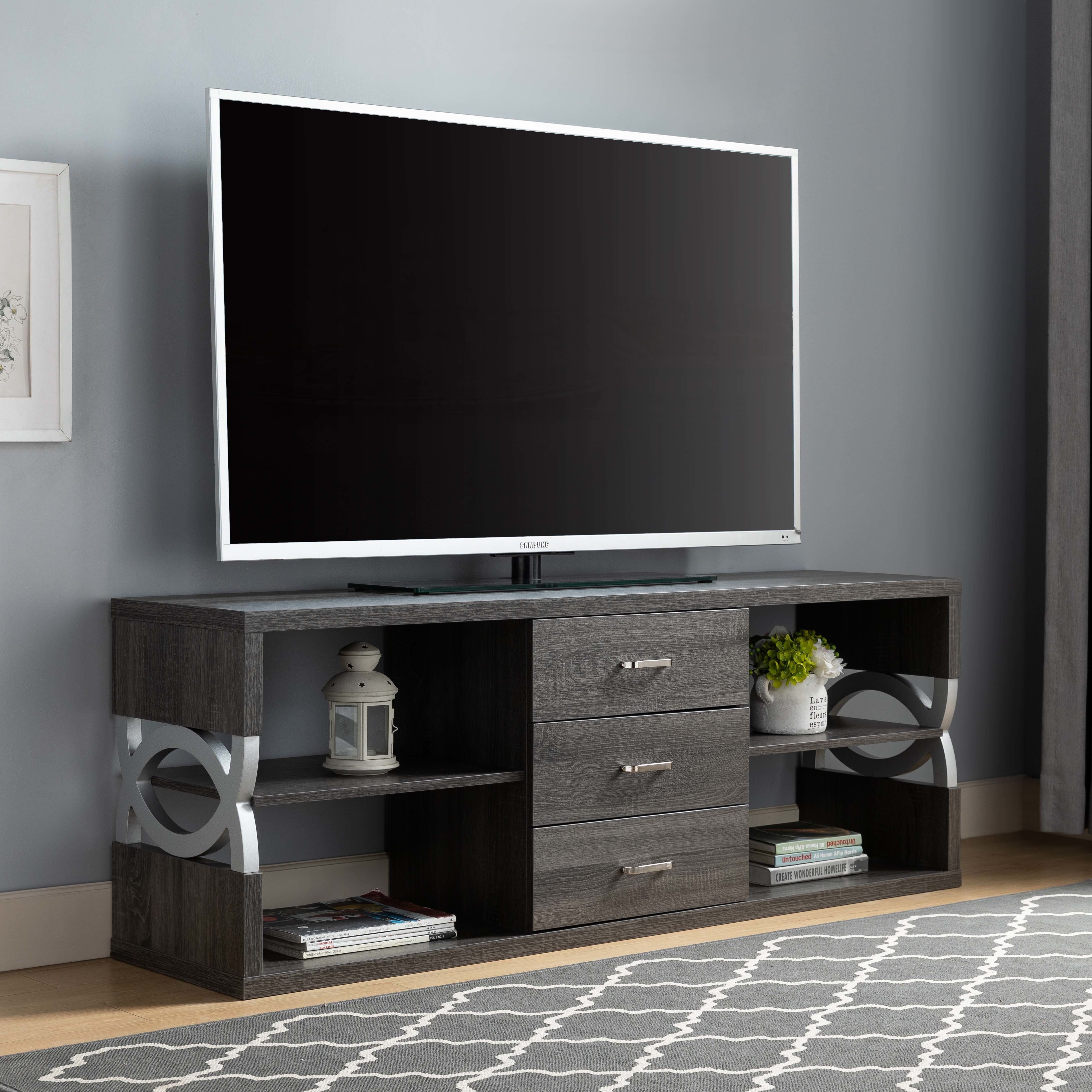 ID USA 212922 TV Stand Distressed Grey & Silver