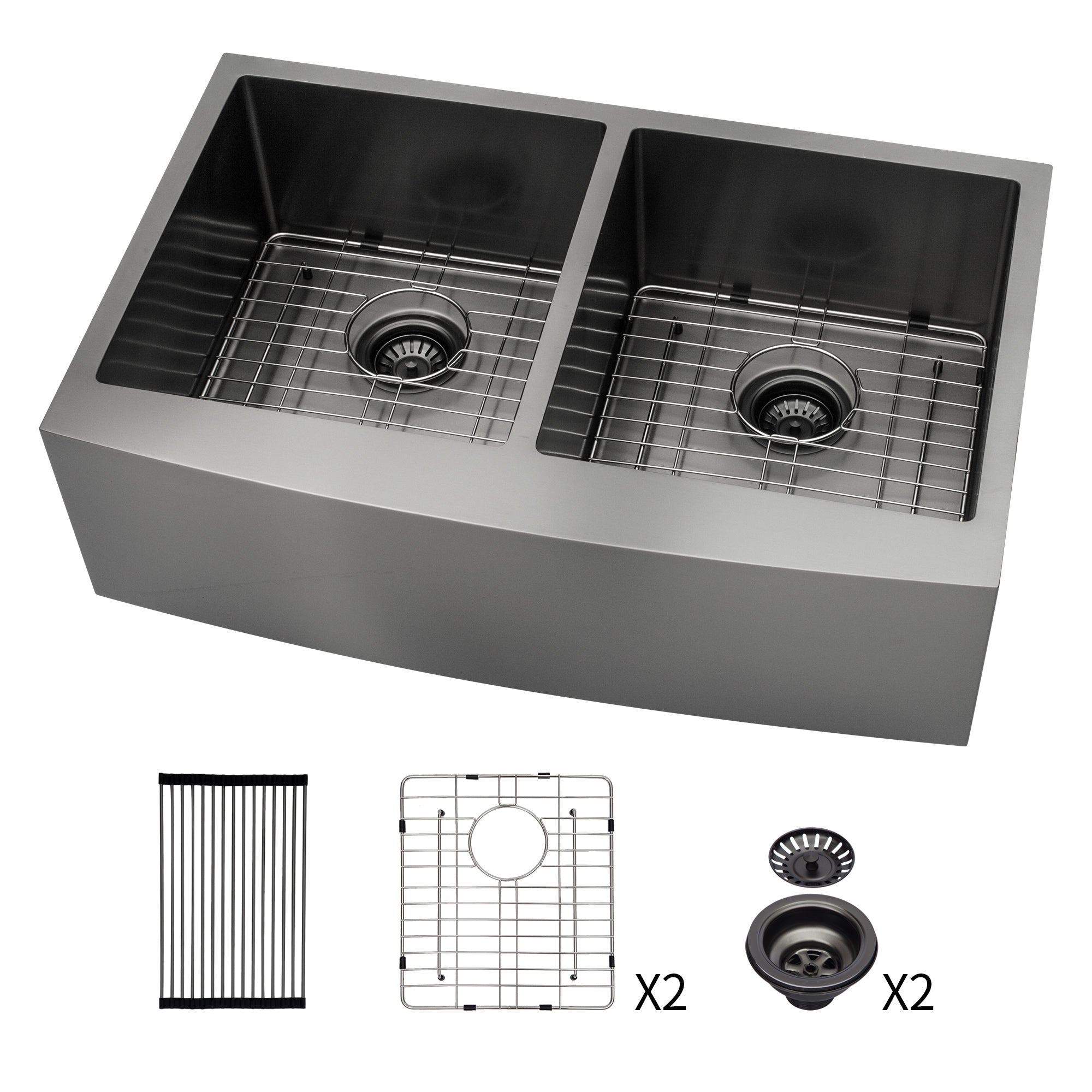 Gunmetal Black Double Bowl (50/50) Farmhouse Sink- 36"x21"x10"Stainless Steel Apron Front Kitchen Sink 16 Gauge with Two 10" Deep Basin