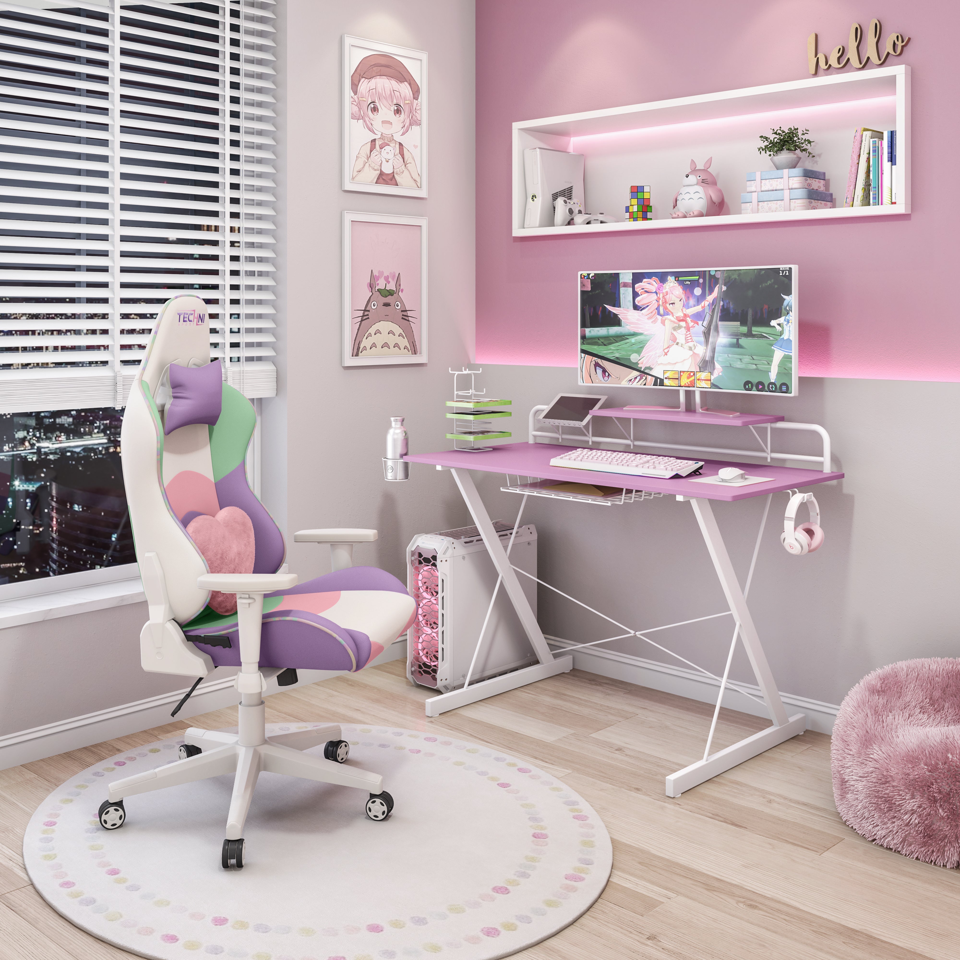 Techni Sport TS-200 Carbon Computer Gaming Desk with Shelving, Pink