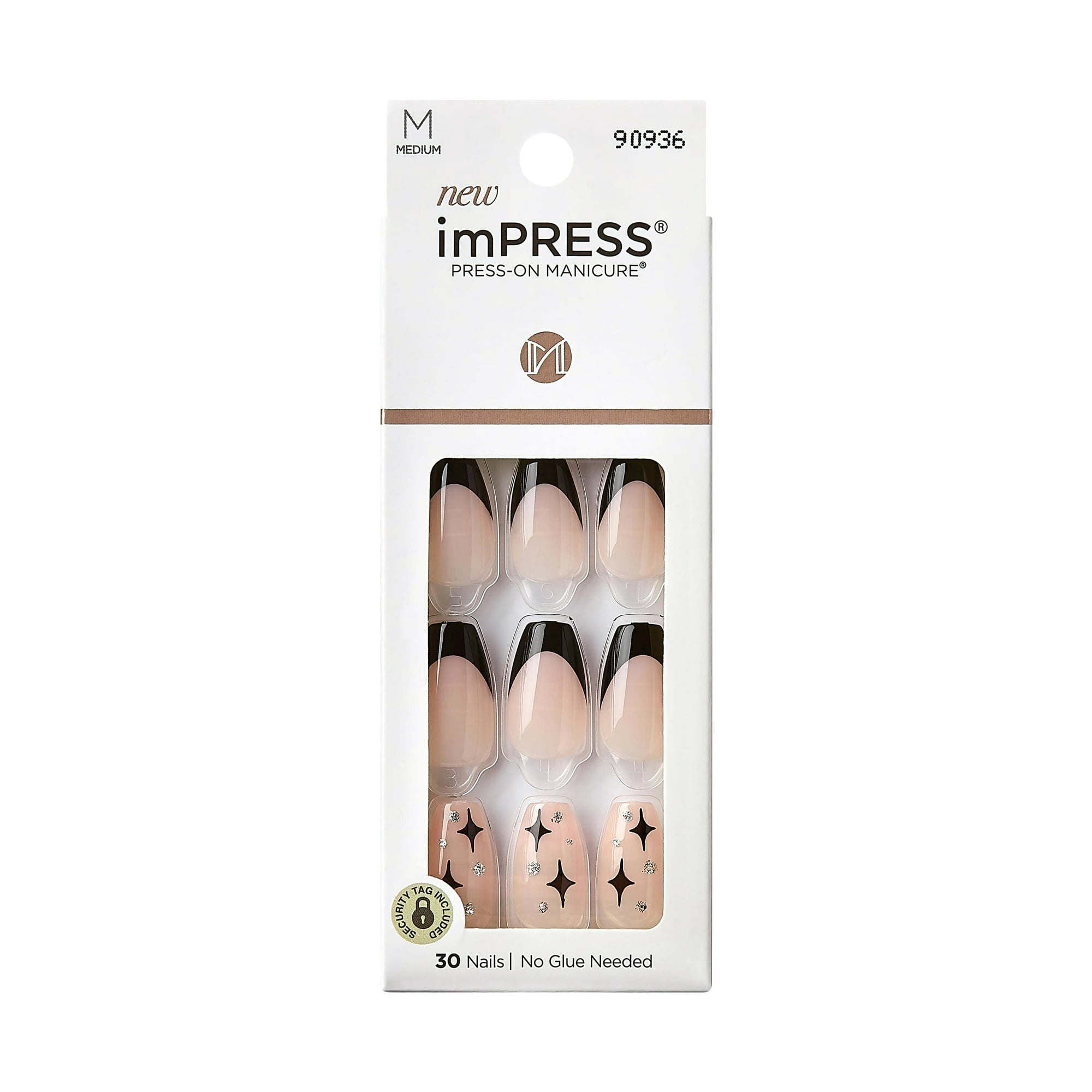 KISS imPRESS 'For the Night' Press-On Nails, Black Tip, Medium Length, Coffin Shape, 33 Ct.