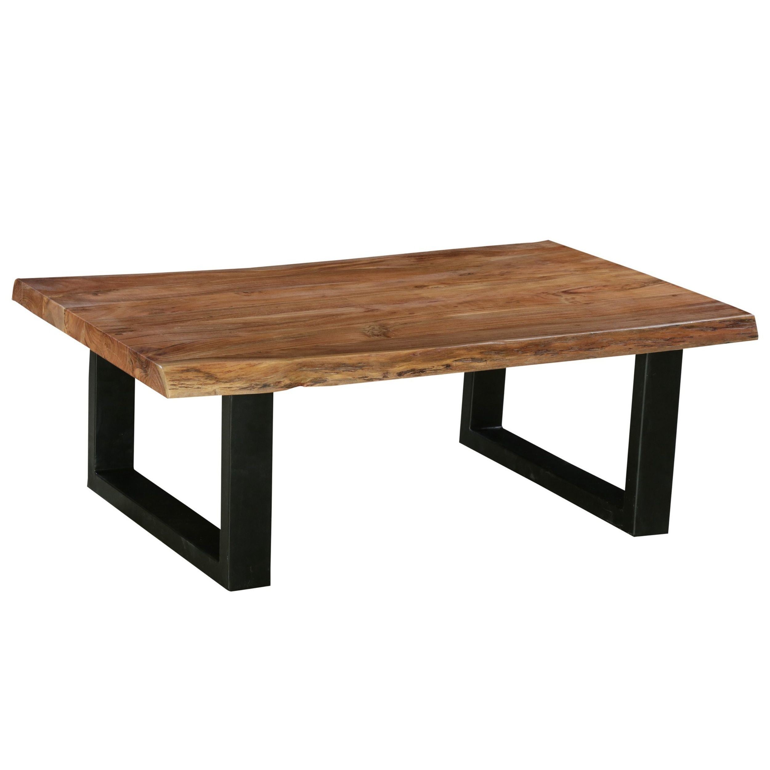 45 Inch Acacia Farmhouse Coffee Table, Live Edges, Metal Sled Base, Brown and Black