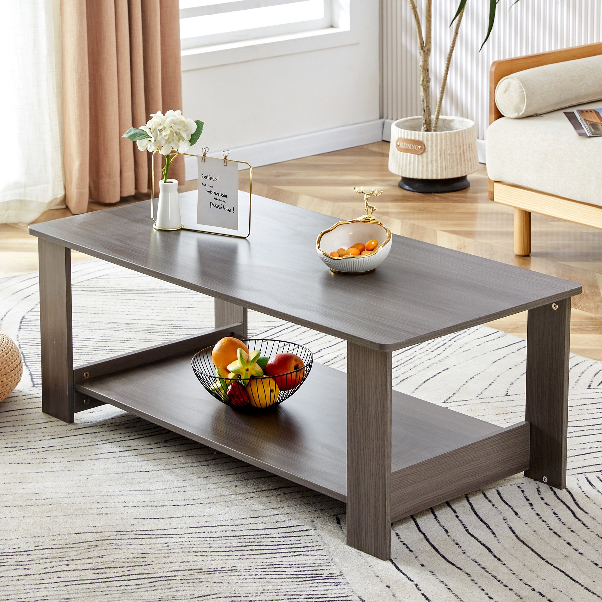 A modern and practical gray textured coffee table,tea table.Double layered coffee table made of MDF material,. Suitable for living room,bedroom and study room. 43.3"*21.6"*16.5" CT-16