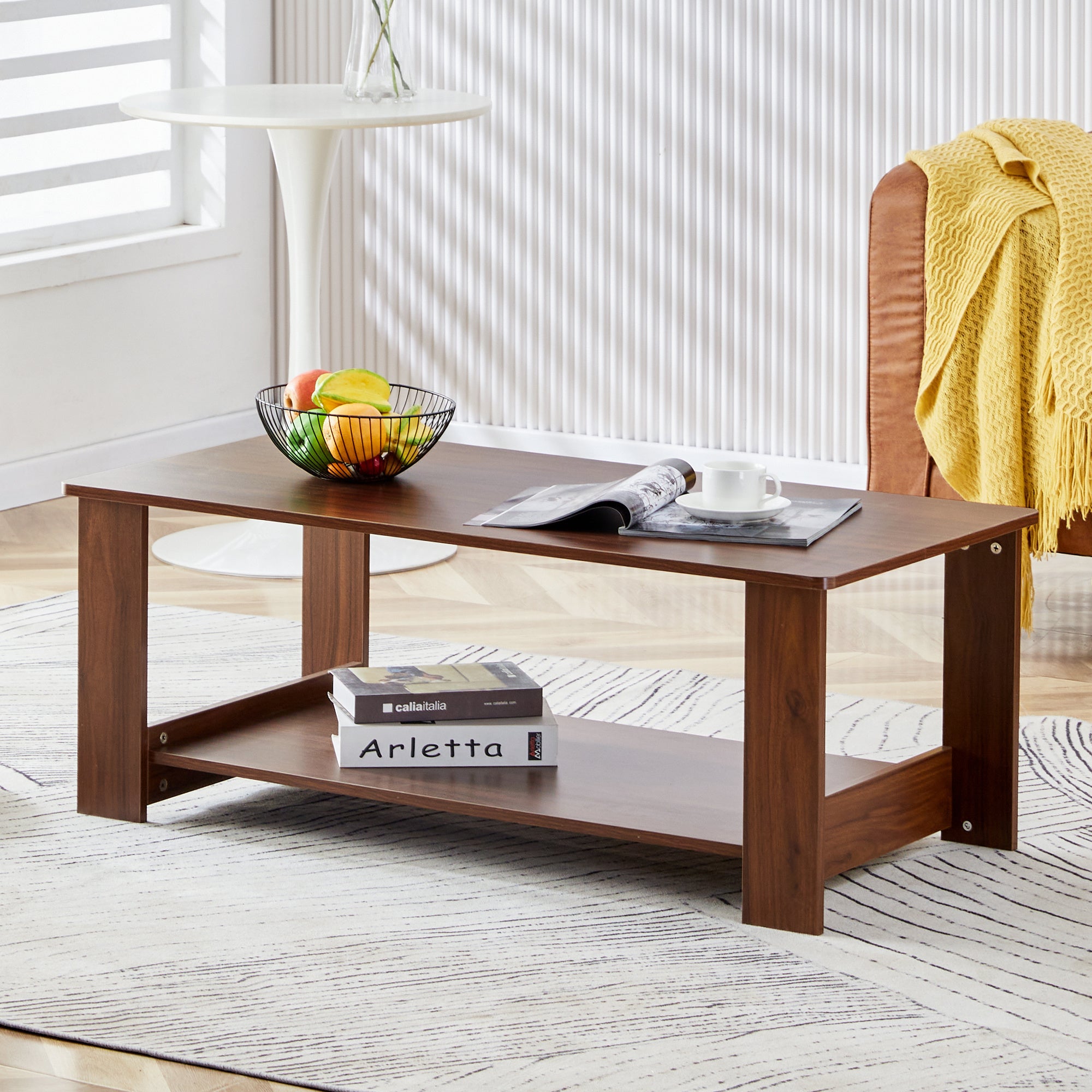 Modern and practical walnut textured coffee tables , tea tables. The double layered coffee table is made of MDF material. Suitable for living room 43.3"*21.6"*16.5" CT-16