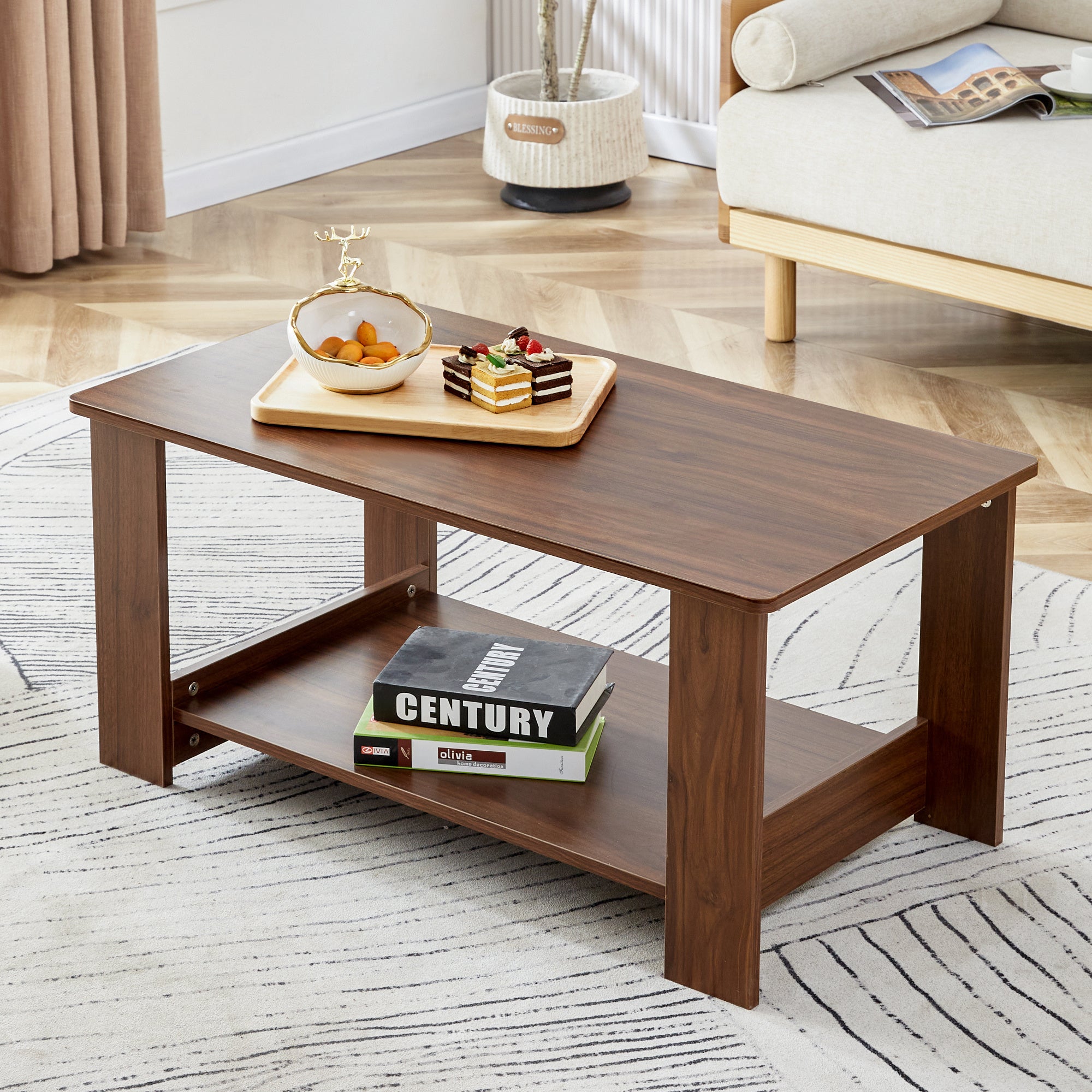 Modern minimalist walnut colored double layered rectangular coffee table ,tea table.MDF material is more durable,Suitable for living room, bedroom, and study room.19.6"*35.4"*16.5" CT-16