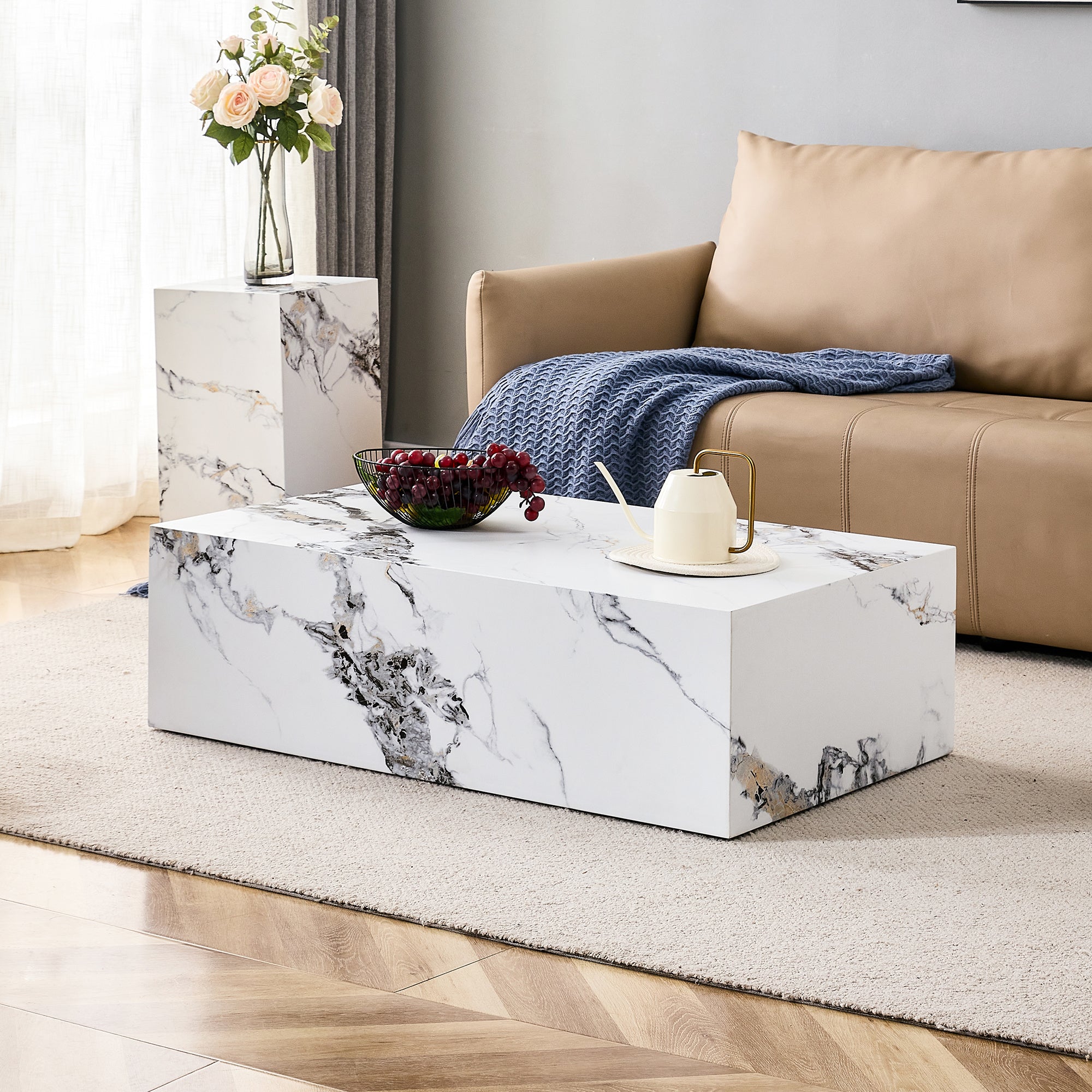 Modern MDF Coffee Table with Marble Pattern - 39.37x23.62x11.81 inches - Stylish and Durable Design