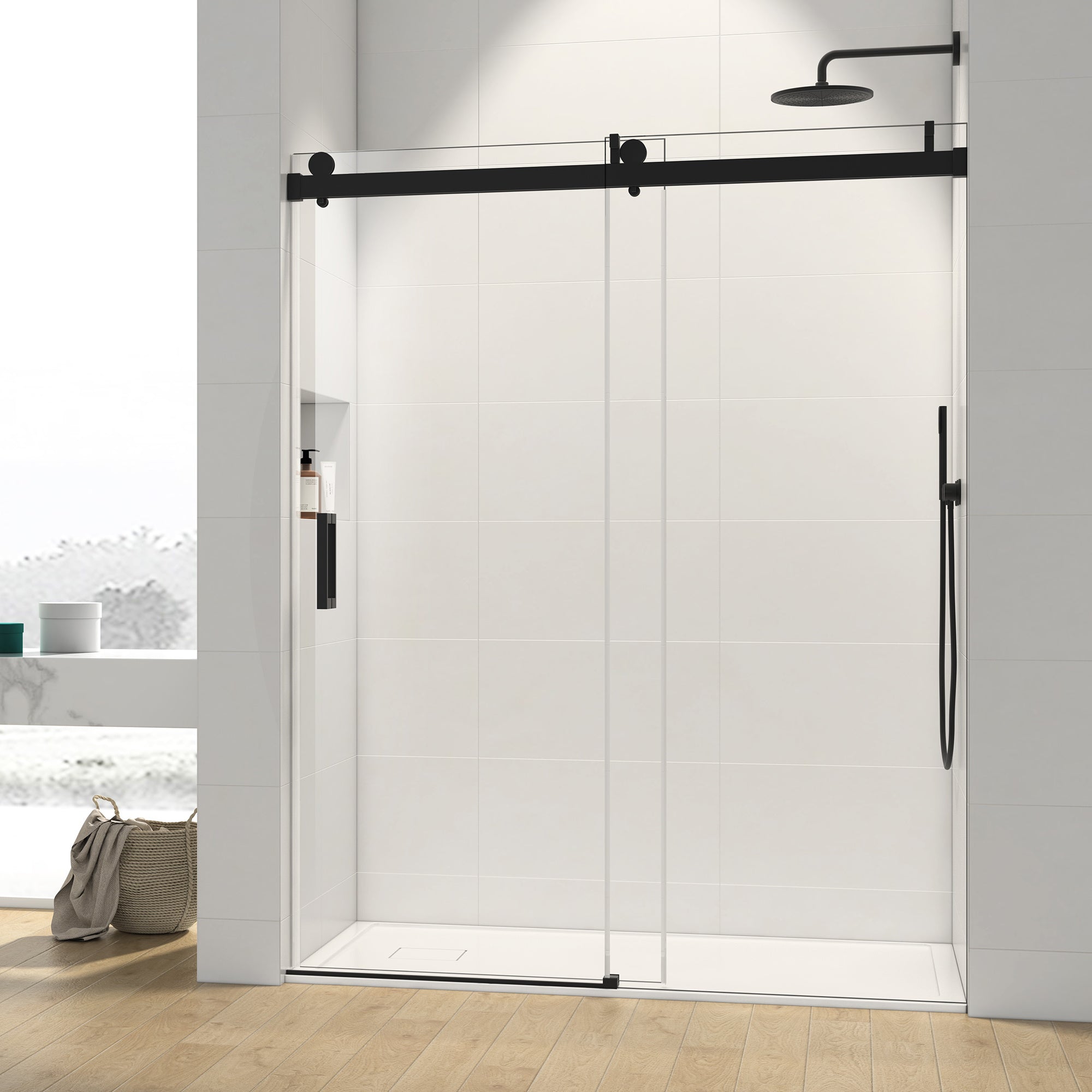 72*76" Single Sliding Frameless Shower Door Matte Black With Buffer