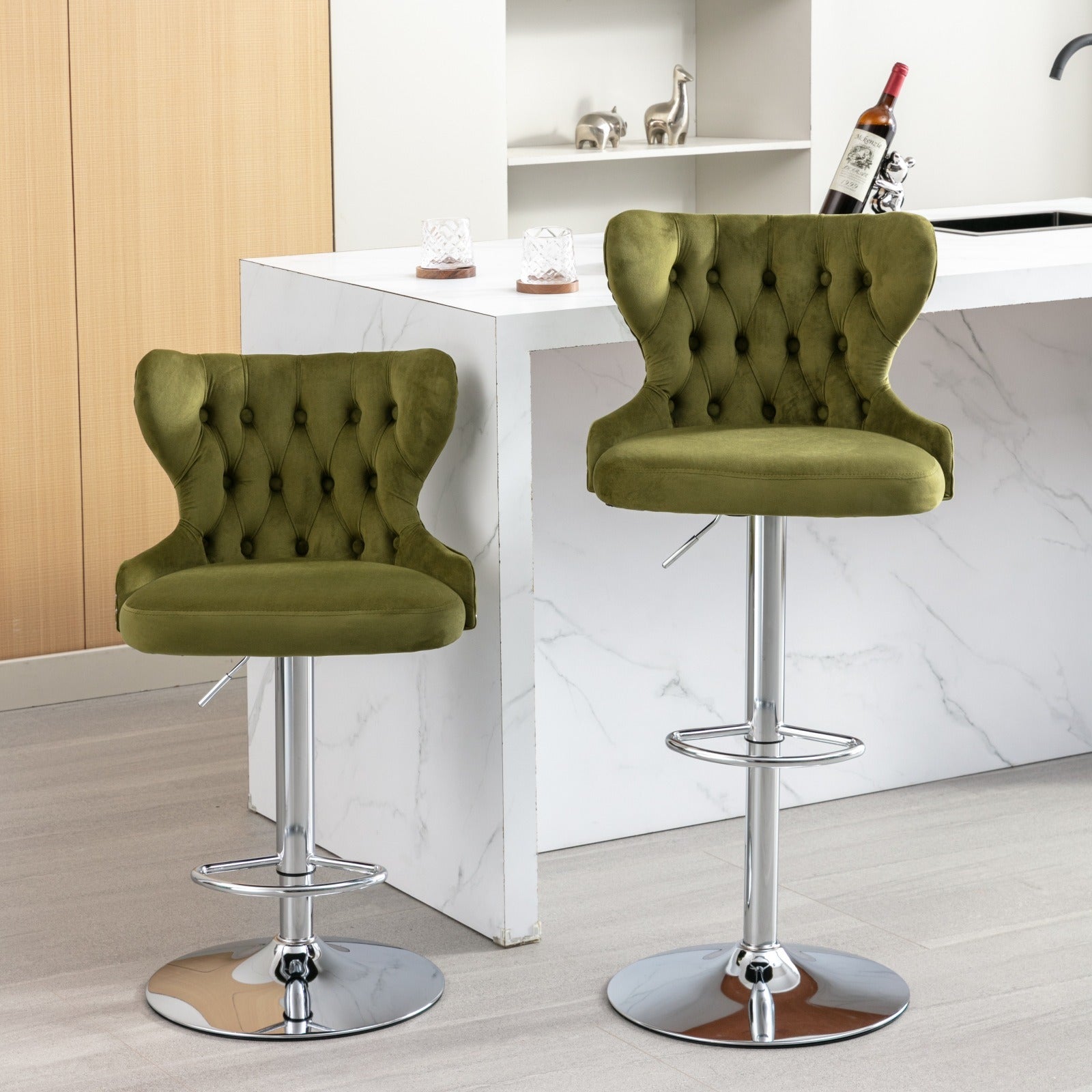Swivel Velvet Barstools Adjusatble Seat Height from 25-33 Inch, Modern Upholstered Chrome base Bar Stools with Backs Comfortable Tufted for Home Pub and Kitchen Island,Olive-Green, SW1844OL,Set of 2
