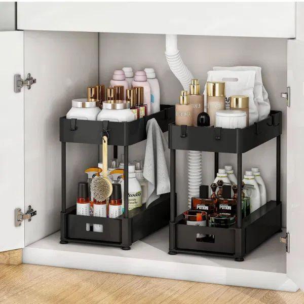 2 sets Under Sink Organizers and Storage Bathroom Organizer Under Sink, Pull Out Cabinet Organizer for Kitchen Bathroom Sink Storage, Pack of 2-layer storage racks in black