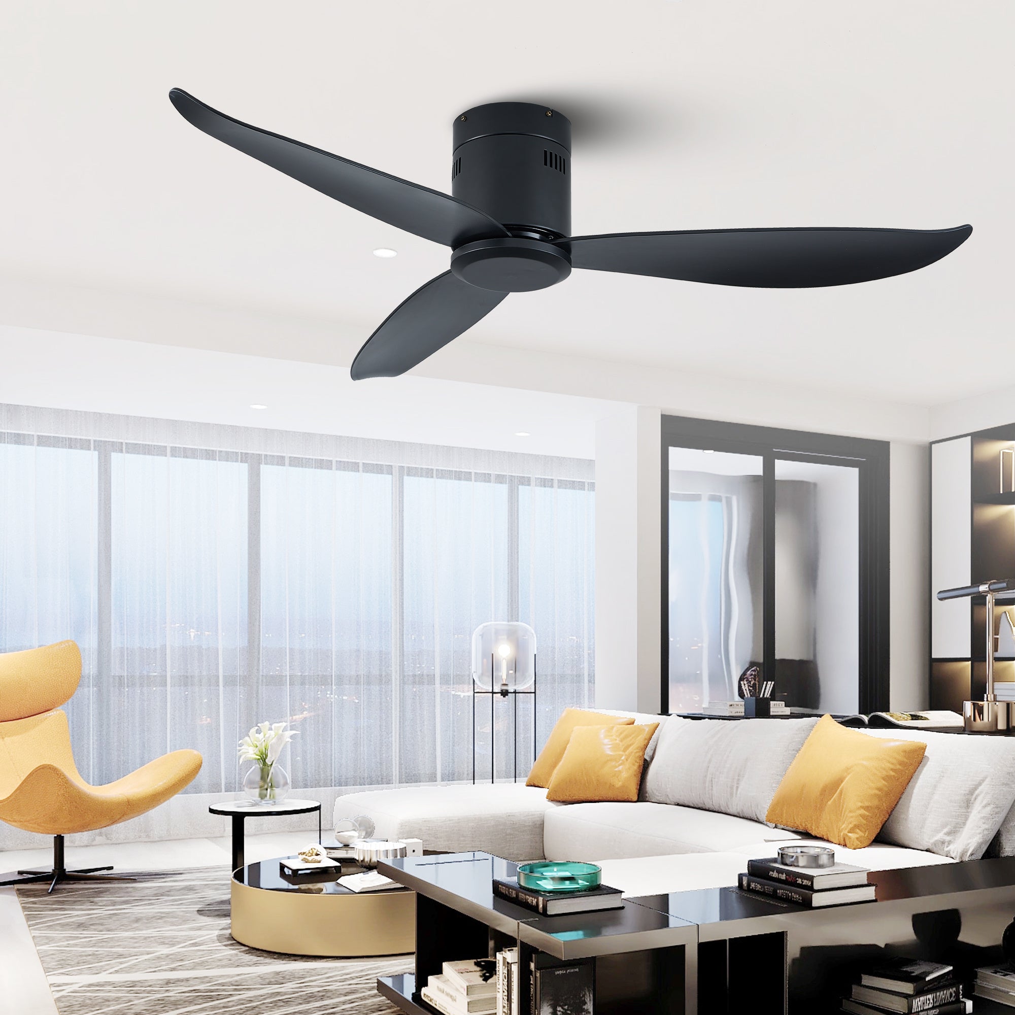 52" Low Profile Ceiling Fan No Light, Black Flush Mount Ceiling Fans without Lights