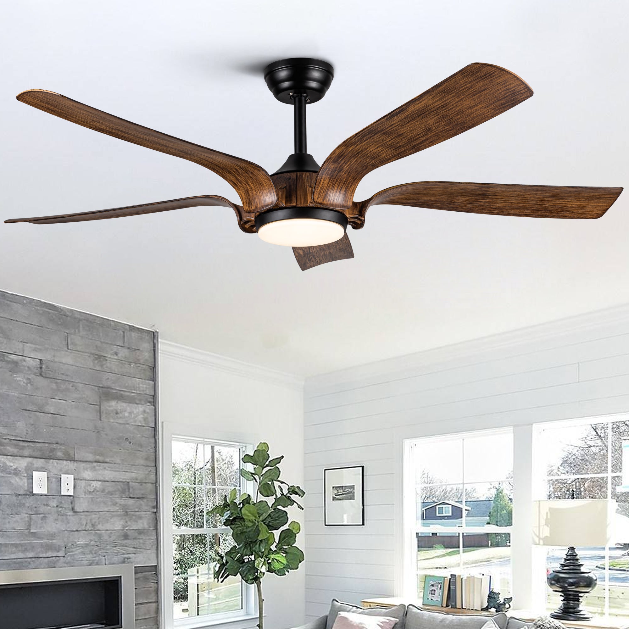 Smart 56" Integrated LED Ceiling Fan with Antique Brown Blades in Matte Black Fan Body Finish