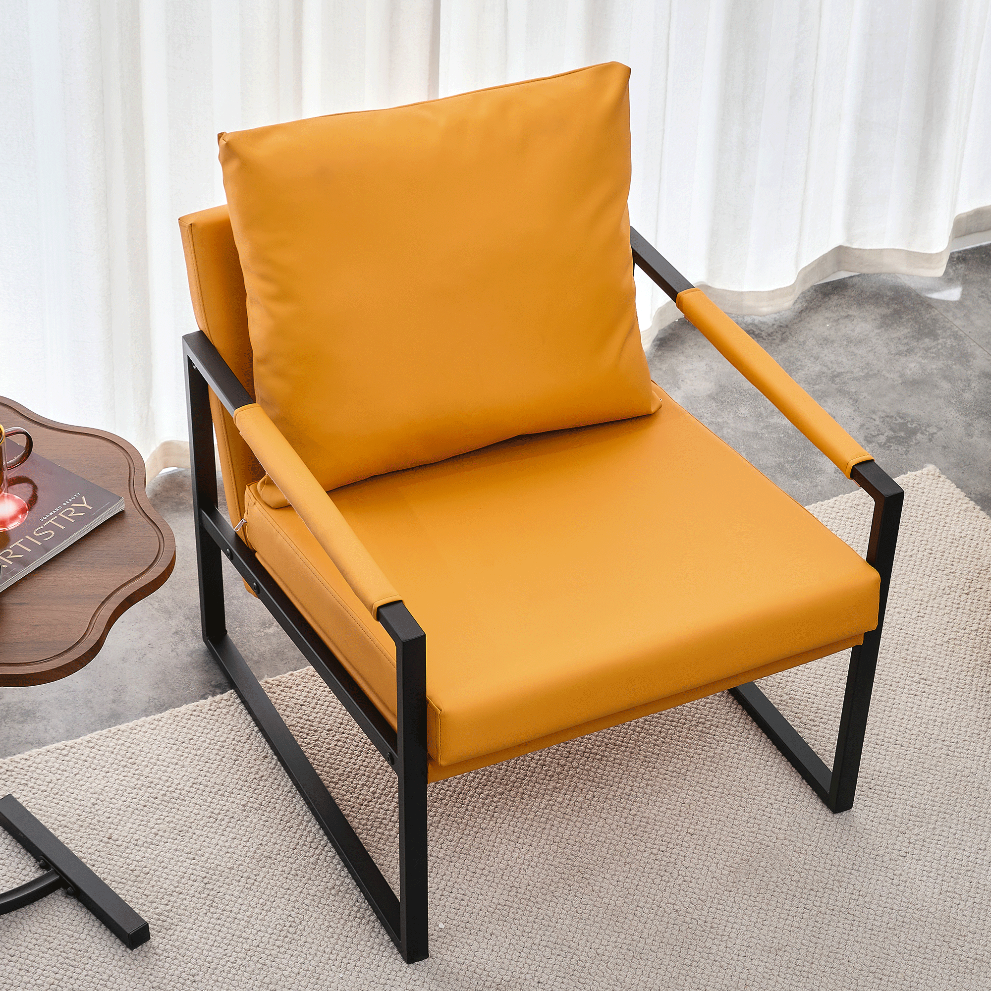 PU Leather Accent Arm Chair Mid Century Upholstered Armchair with Metal Frame Extra-Thick Padded Backrest and Seat Cushion Sofa Chairs for Living Room ( orange PU Leather + Metal Frame + Foam)SF-008