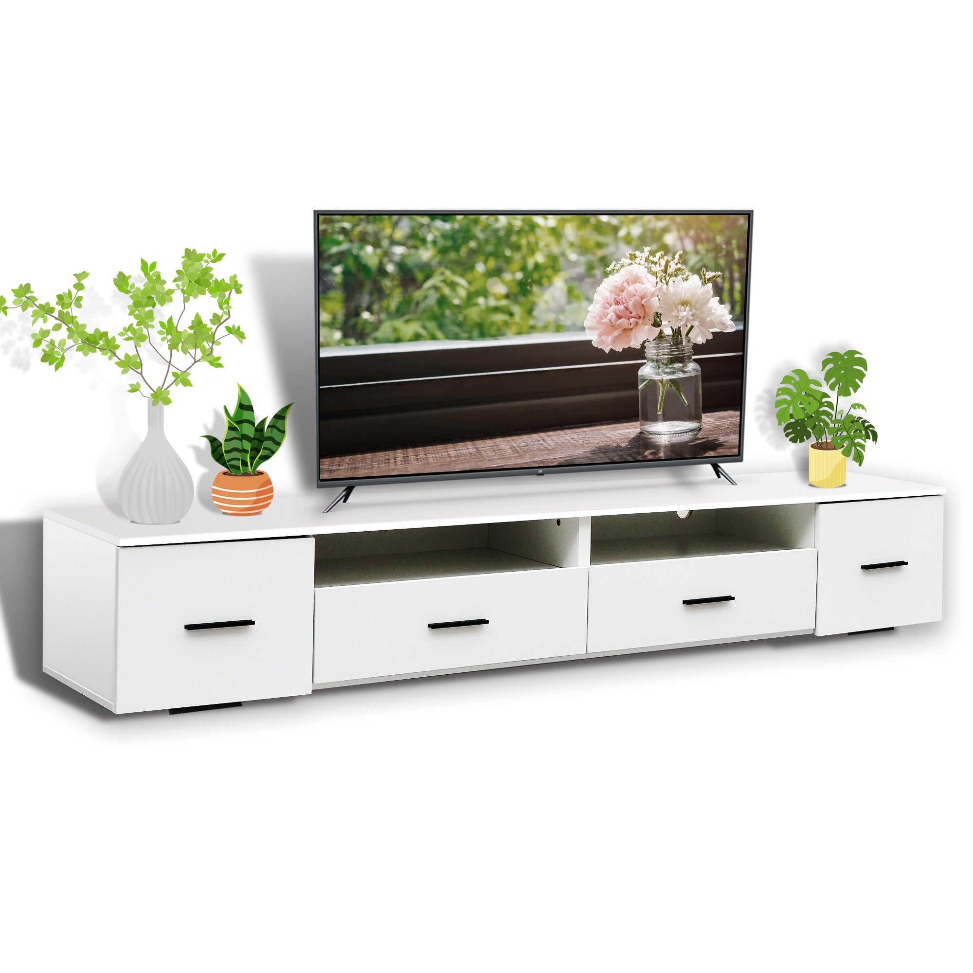 White TV Stand for Living Room, Modern Entertainment Center Stand for TV Up to 90 Inch, Large Led TV Stand with 4 Storage Drawers, High Glossy Waterproof TV Console, TV Table Media Furniture